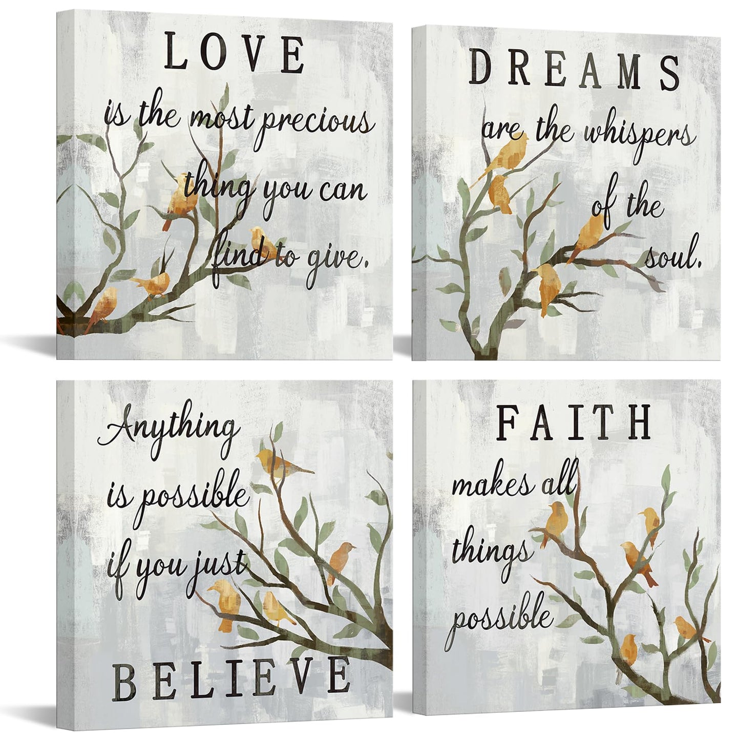 iKNOW FOTO Inspirational Wall Art Canvas Set of 4 Grey Canvas Print Faith Love Dreams Believe Calligraphy Canvas Quotes Motivational Posters for Home Office Decor Each Panel 16x16 Inches (Medium)