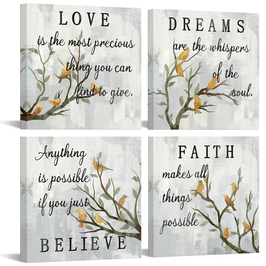 iKNOW FOTO Inspirational Wall Art Canvas Set of 4 Grey Canvas Print Faith Love Dreams Believe Calligraphy Canvas Quotes Motivational Posters for Home Office Decor Each Panel 16x16 Inches (Medium)