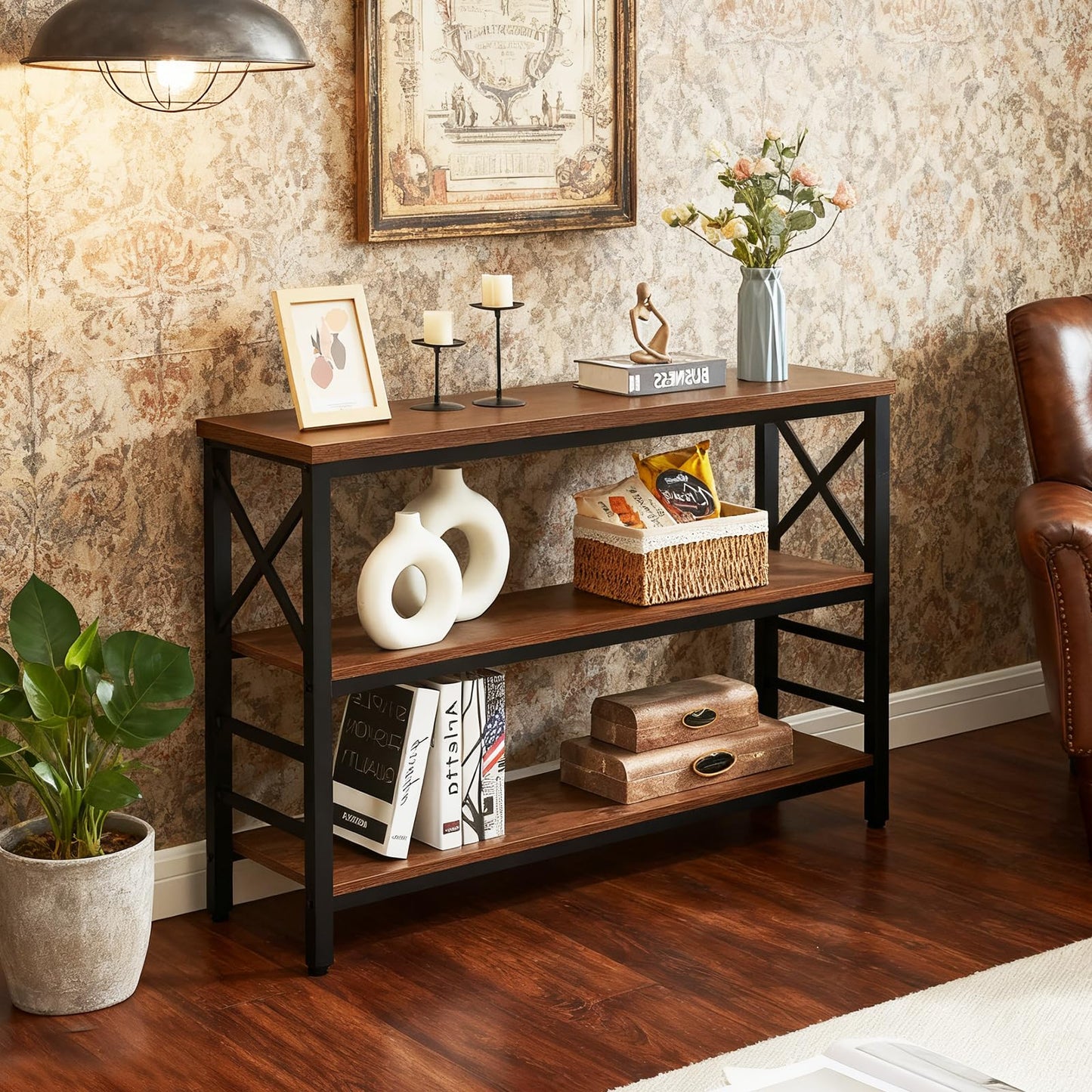HOMBAZAAR Sofa Table,Industrial Console Table with Storage,Entryway Table with Engineered Wood and Metal,Rustic 3 Tier Shelf for Living Room,Hallway,Brown,47 Inch
