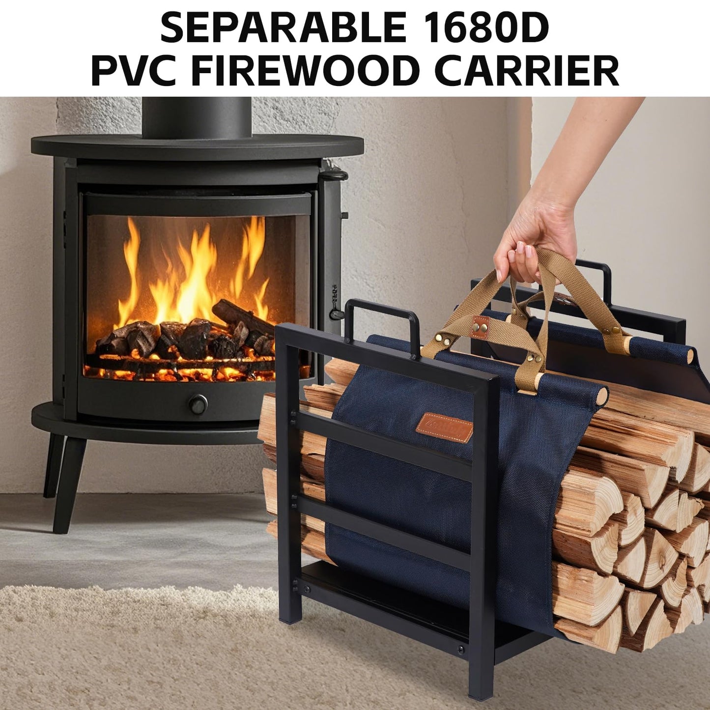 Zettfuly Firewood Rack Indoor Outdoor with Firewood Carrier, Fireplace Wood Log Holder Heavy Duty Metal, Indooor Firewood Holder for Fireplace Wood Storage, 16 inch, Navy