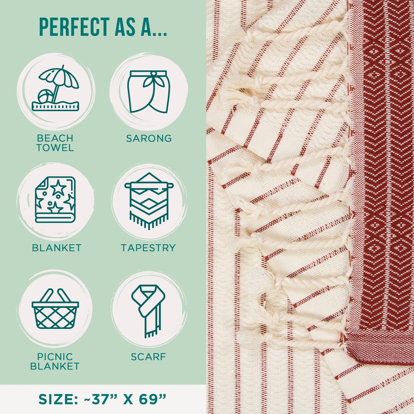 Sand Cloud Beach Towel - Sand Free - 100% Organic Turkish Cotton Yarn - Quick Dry Towel for Beach, Picnic, Blanket or Bath - As Seen on Shark Tank - Letoon Burgundy
