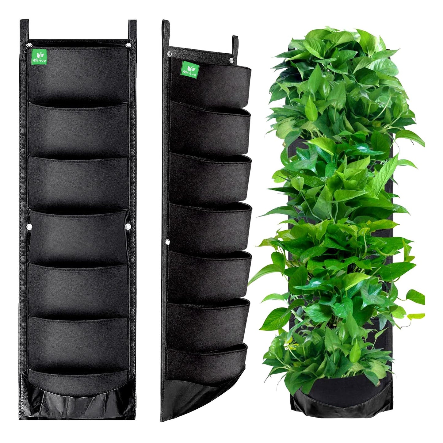 MEIWO 2 Packs Hanging Planter for Outdoor Plants, 7 Pocket Vertical Wall Planter, Balcony Planter, Railing Planter, Garden Balcony Decor