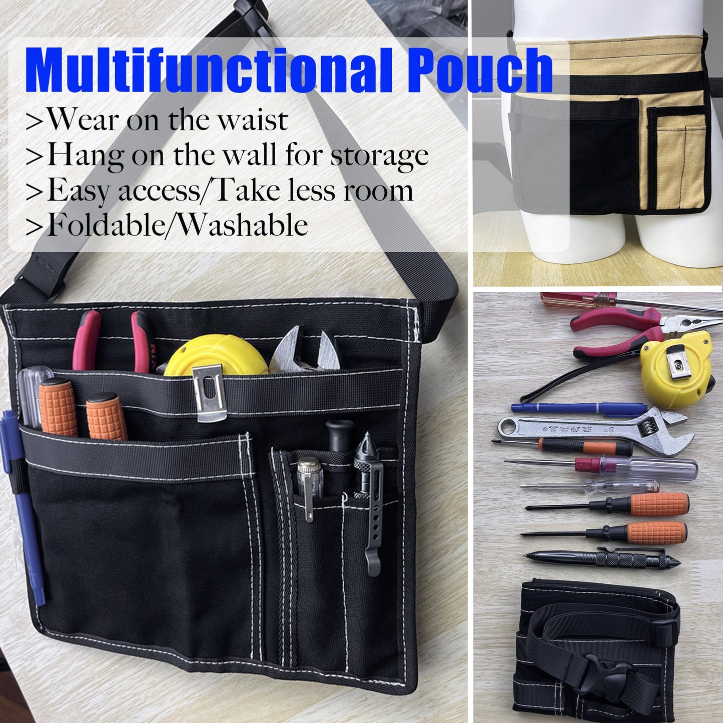 5-Pocket Utility Tool Belt Pouch for Men and Women, Adjustable Canvas Waist Belt Bag for Electrician Maintenance Gardening Carpentry, Durable Multi Work Apron for Tools & Accessories (Gray)