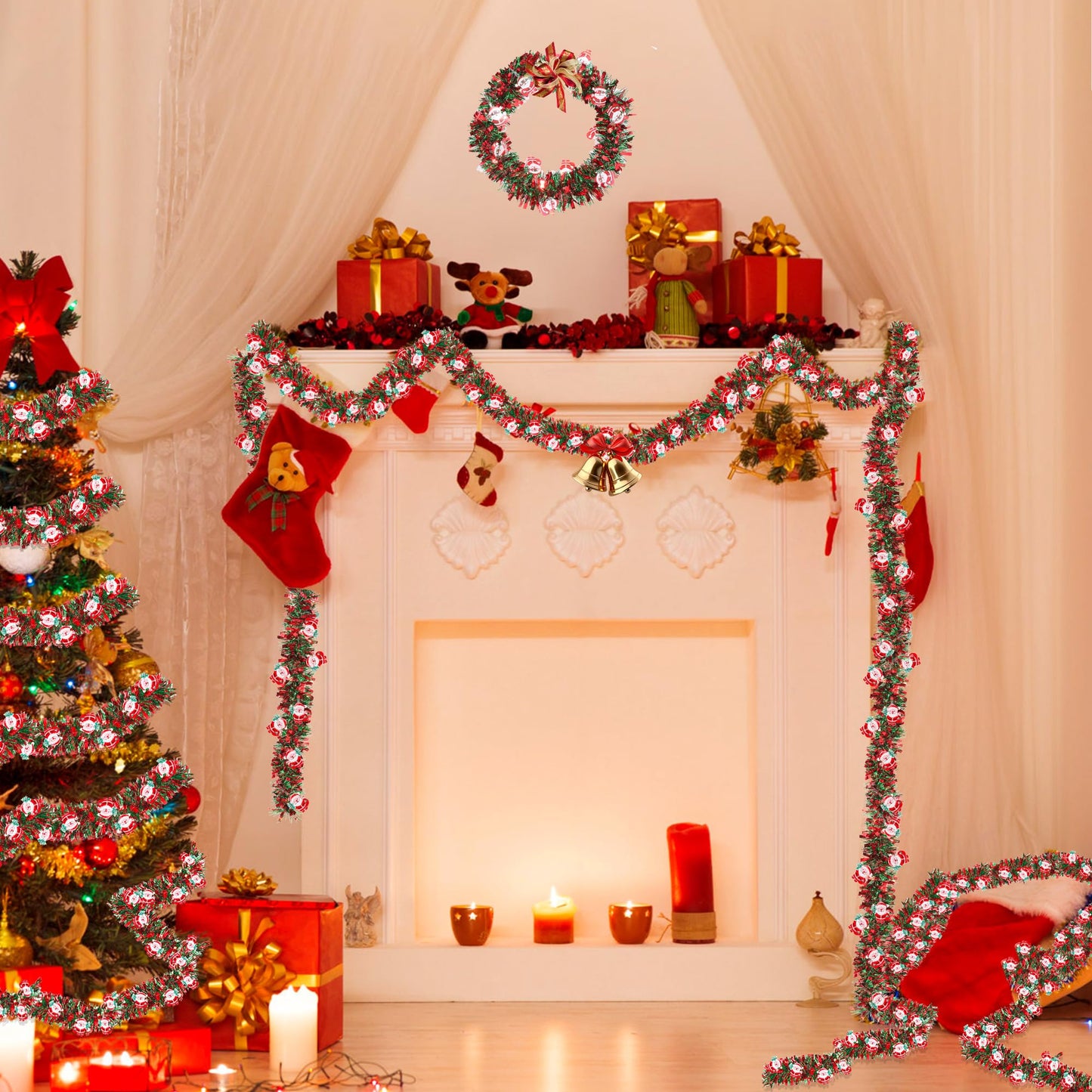 50FT Red Green Christmas Tinsel Garland with Santa Claus Ornaments, Metallic Twist Shiny Xmas Garland for Tree Decorations Fireplace Mantel Home Office Stair Party Outdoor Indoor Holiday Decor
