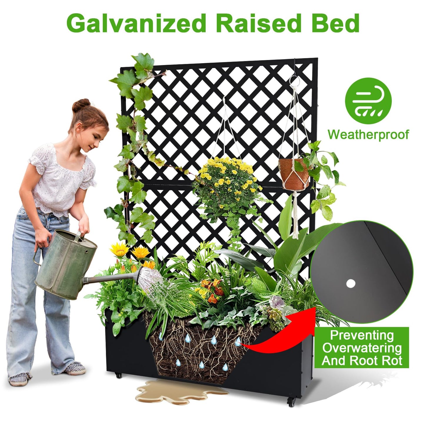 IDEALHOUSE 72" Raised Garden Bed with Trellis, Galvanized Steel Planter Box with Lockable Wheels, Mobile Privacy Screen for Climbing Plants Outdoor Patio Balcony, Black
