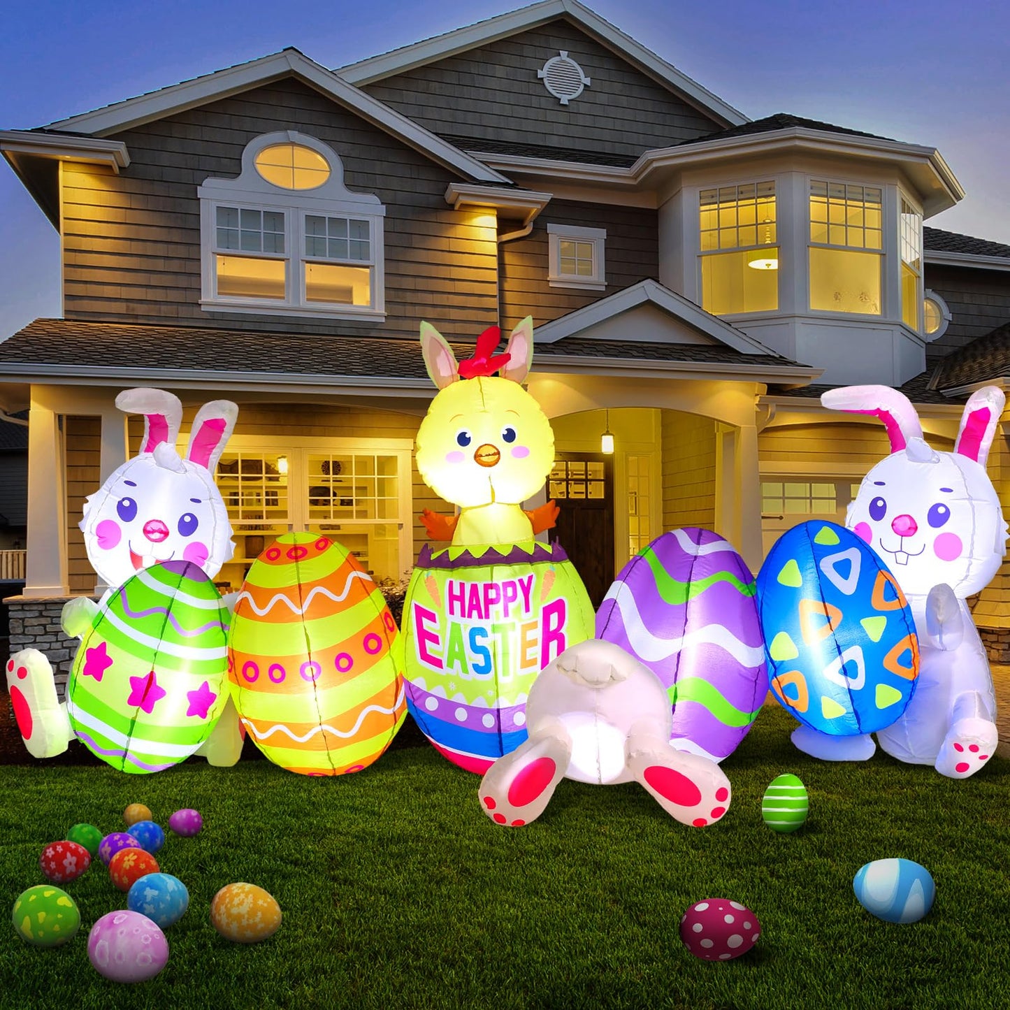 Shappy 7.2 ft Long Easter Inflatable Bunny Outdoor Decorations with Egg Chick Lighted Easter Bunny Blow up Yard Decorations, Built-in LED Lights for Outdoor Holiday Yard Garden Lawn Party