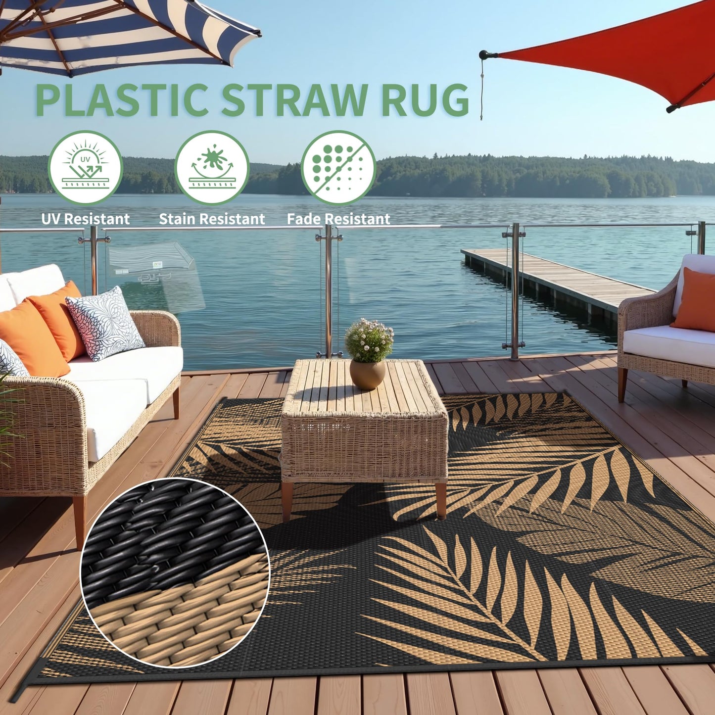 sarben Outdoor Rug 10’x14’ Waterproof for Patio Clearance, Reversible Indoor Outdoor Plastic Straw Camping Rug Carpet, RV Mat, Large Area Rug for Deck, Backyard, Balcony, Porch, Beach, Black & Brown