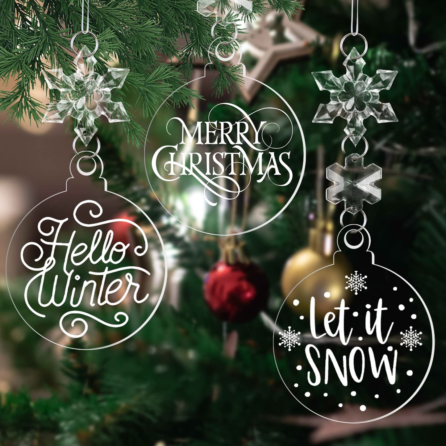24 Pack Christmas Tree Ornaments Set - 3 Inch Clear Acrylic Flat Disc Ornaments DIY Christmas Crafts with Transparent Crystal Snowflakes for Xmas Winter New Year Party Hanging Decorations