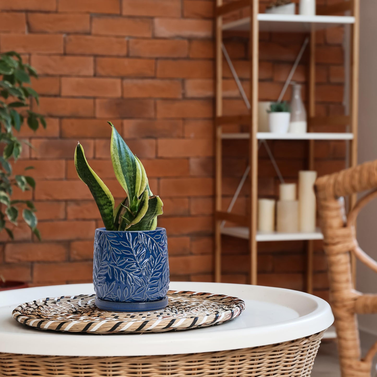 D'vine Dev 6 Inch Embossed Leaves Stoneware Planter Pot with Drainage Hole and Saucer, Midnight Blue, 27-A-X-3