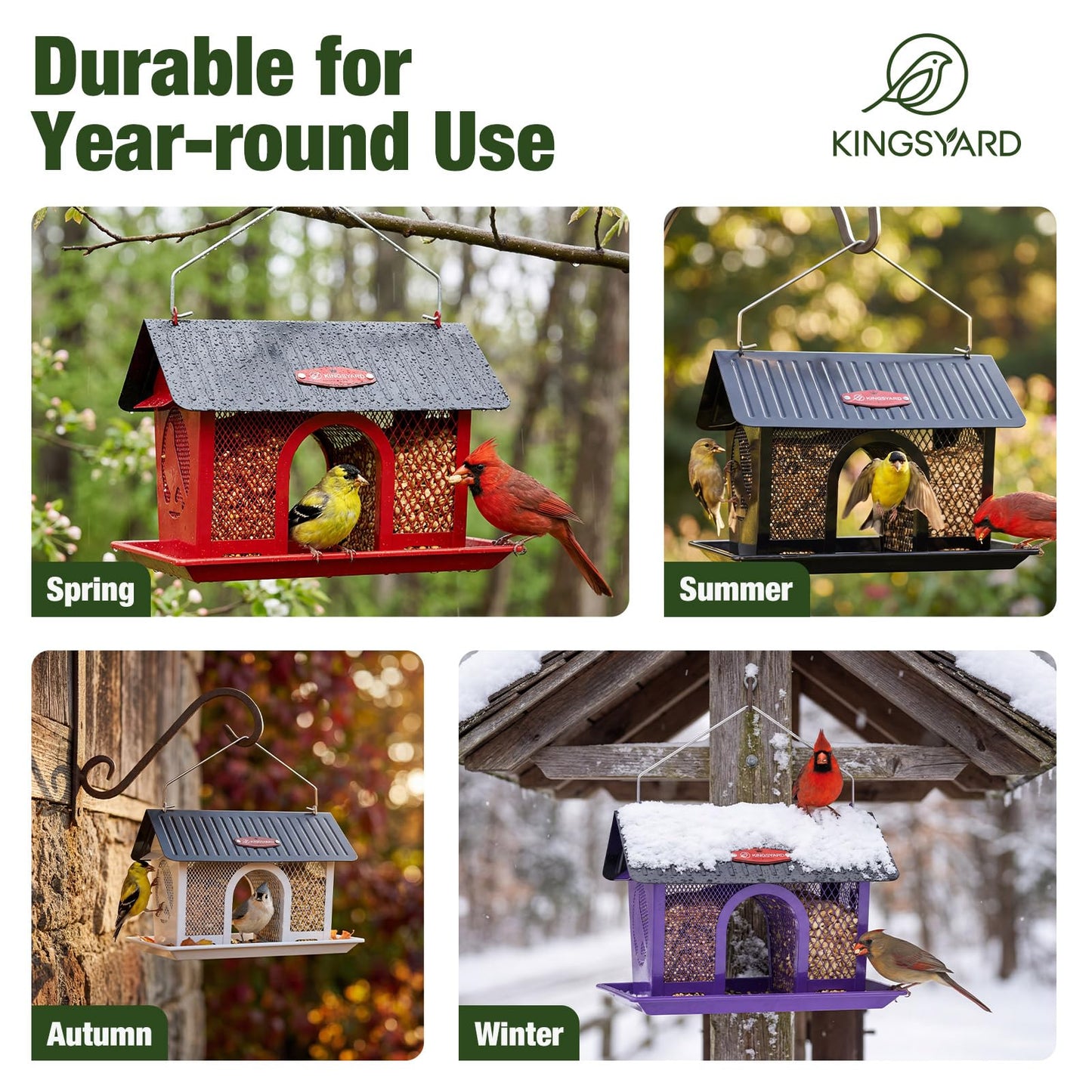 Kingsyard Bird Feeder for Outdoors Hanging, Dual-Use Metal Mesh Wild Bird Feeders with Seed Tray & Weatherproof Roof, 3 lbs Large Capacity, Red