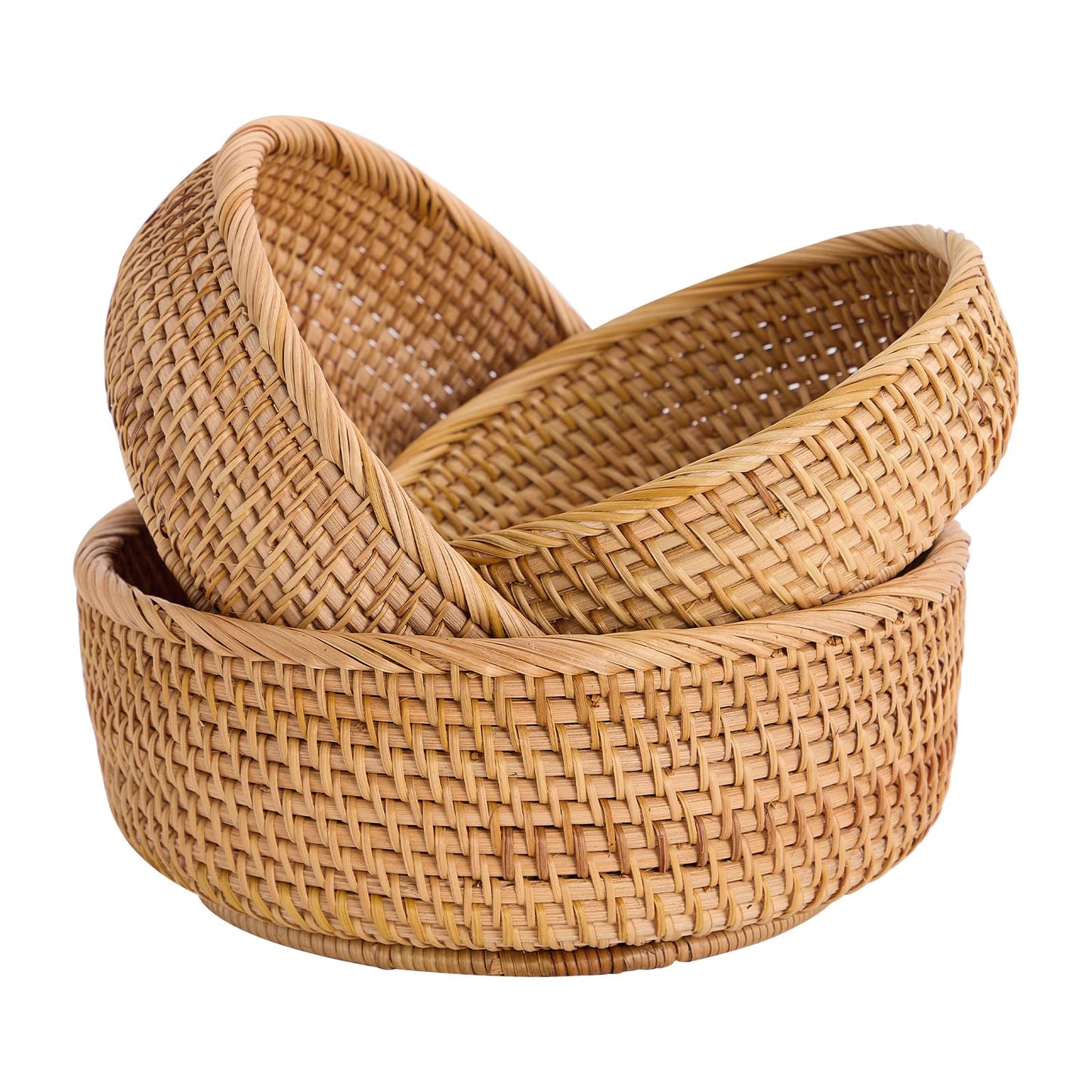 Hand-Woven Stackable Rattan Basket, Set of 3, Fruit Bread Serving Bowls, for Farmhouse Kitchen Storage & Decor