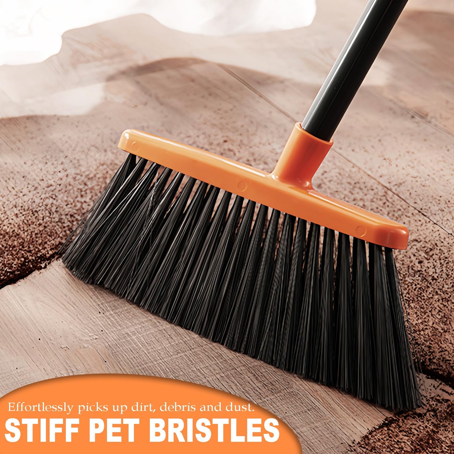 BSMstone Small Broom Stiff Bristles Brush with Long Handle Indoor or Outdoor Compact Broom for Sweeping Patio Garage Garden,Deck,Concrete Floor,Bathroom (Orange)