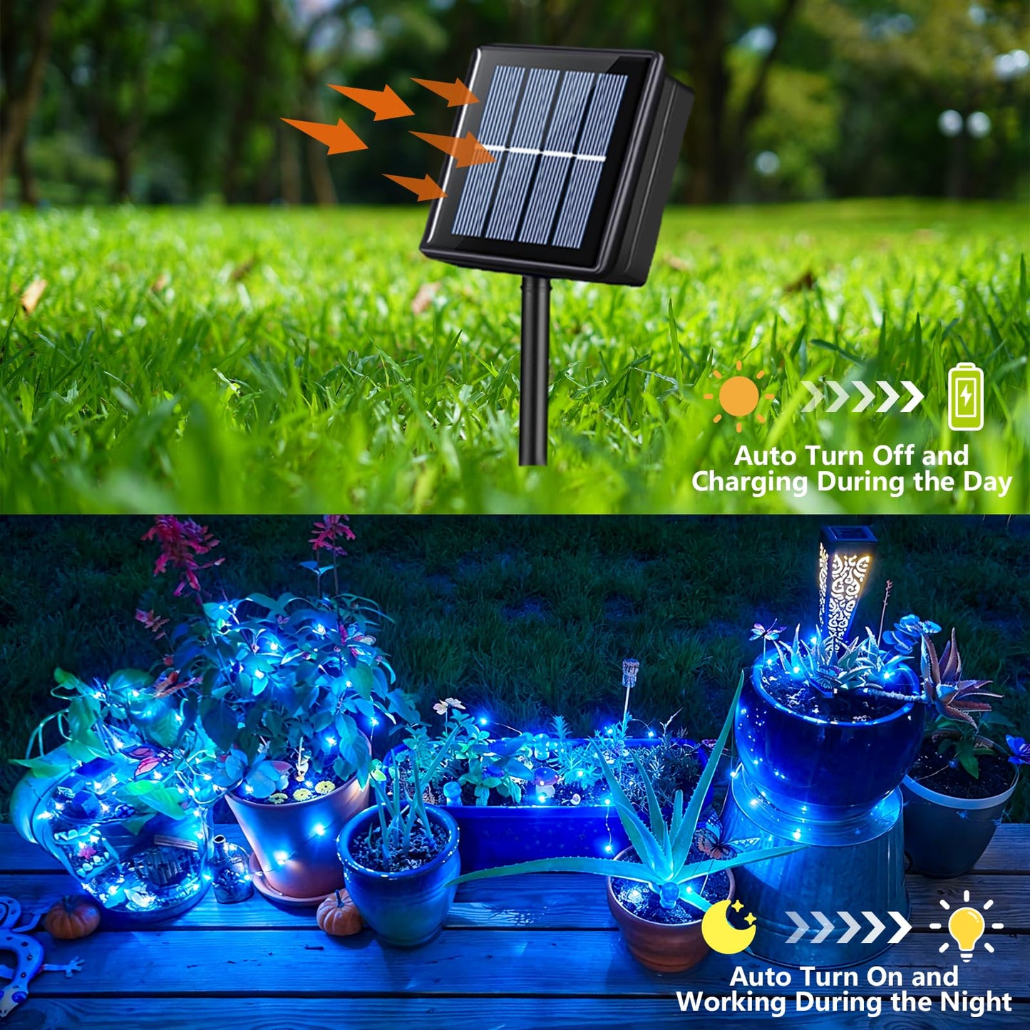YEGUO 4 Pack Blue Solar Fairy Lights, Each 33ft 100 LED Christmas Lights Outdoor Waterproof, 8 Modes Sliver Wire Solar String Lights