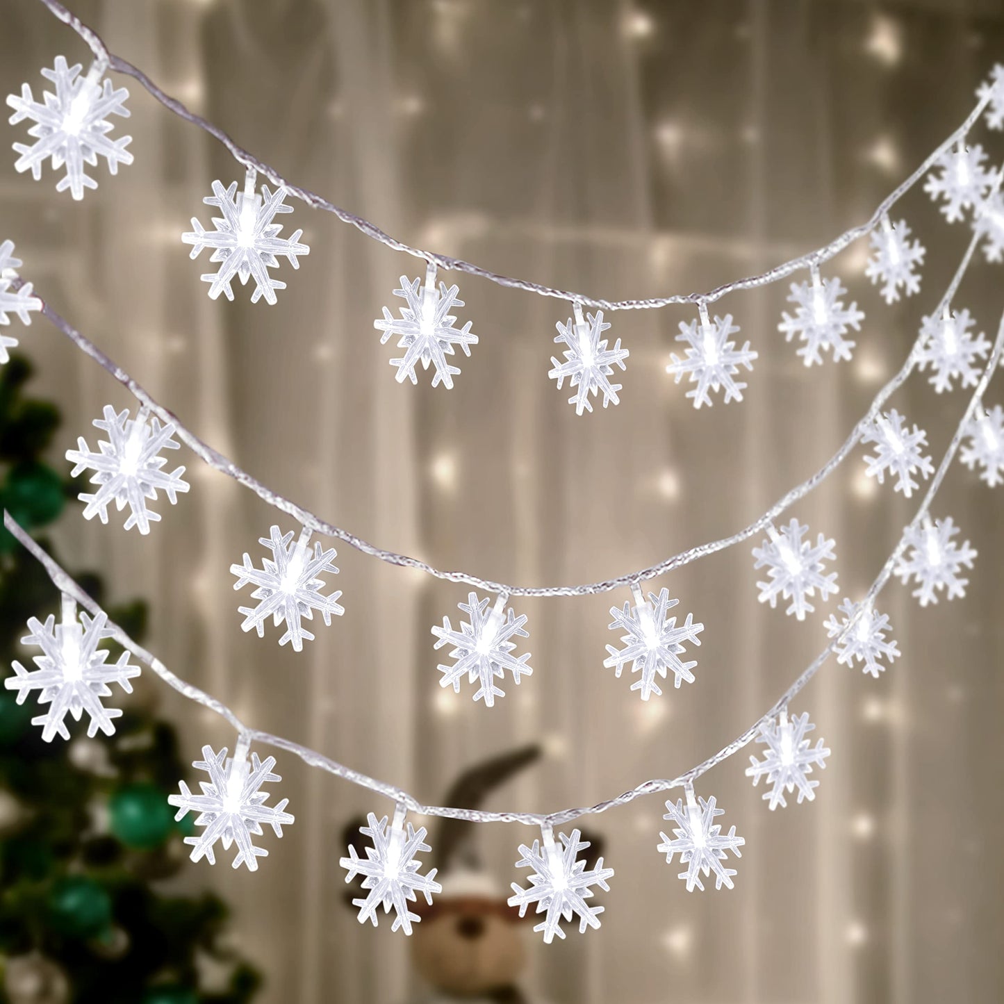 2 Packs 100 LED Christmas Snowflake String Lights Hanging Decorations - Winter Wonderland Lighted Decor for Holiday Xmas Indoor Outdoor Party Supplies (42.6ft,Batteries Not Included)