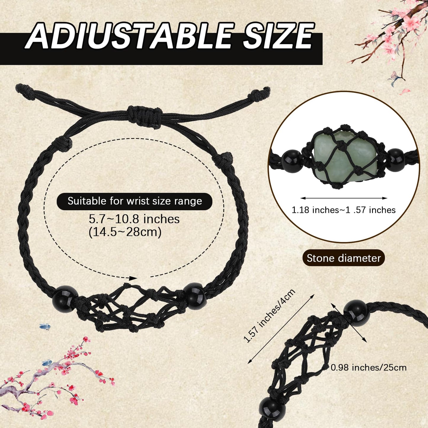 WEWAYSMILE 2 Pcs Empty Crystal Bracelet Holder Adjustable Stone Cage Cord Nylon Braided Netted Holder Crystal Bracelets Cord for DIY Bracelet Making(Black)