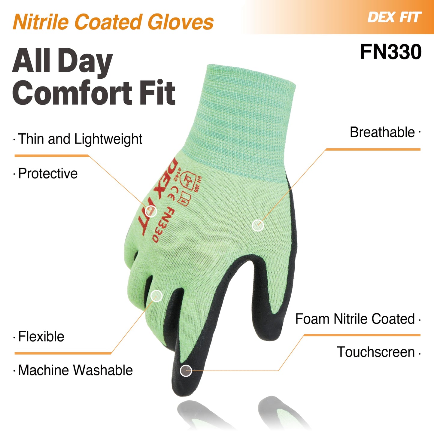DEX FIT Nitrile Work Gloves FN330, 1 Pair, 3D-Comfort Stretchy Fit, Firm Grip, Thin & Lightweight, Touch-Screen Compatible, Durable, Breathable & Cool, Machine Washable; Green L (9)