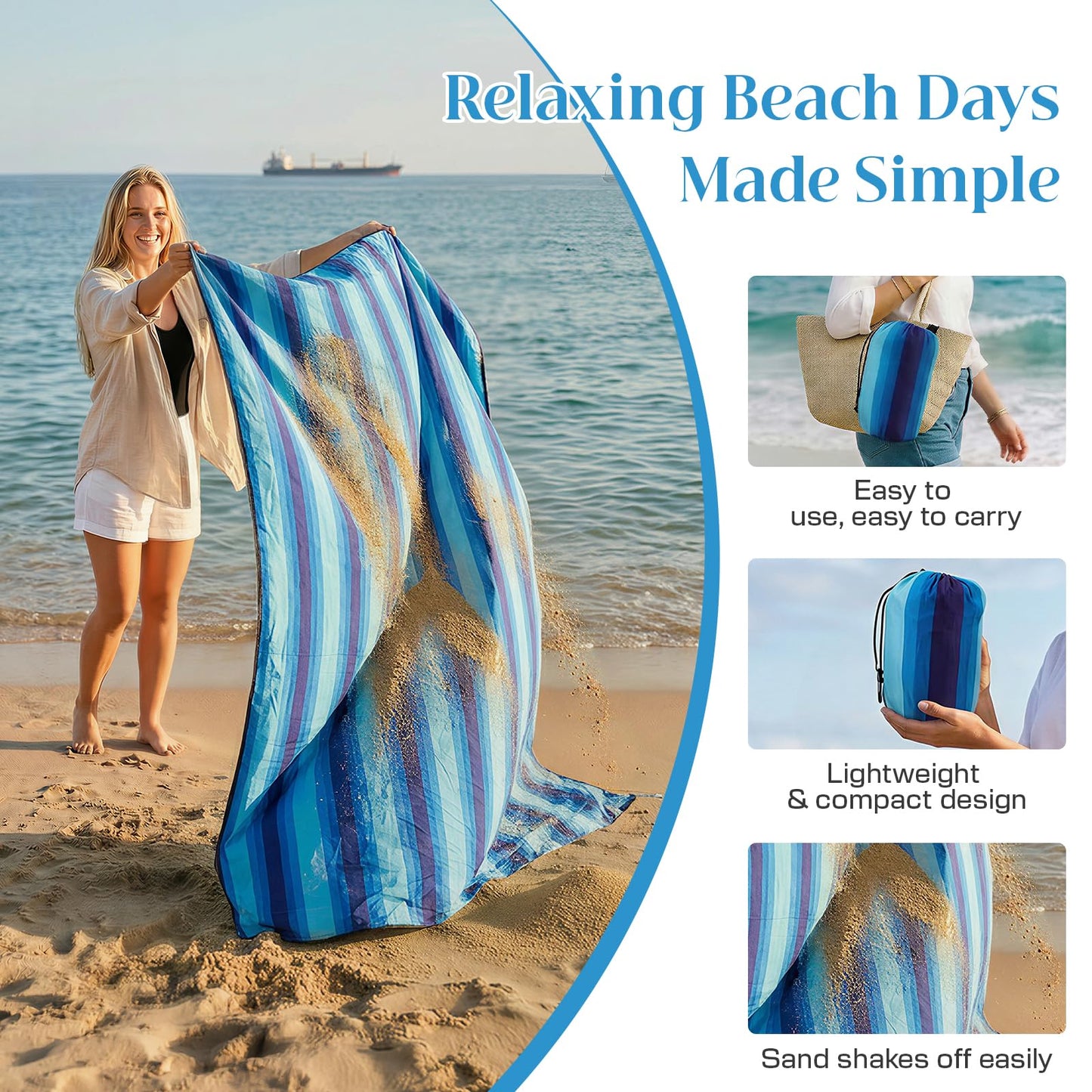 Beach Blanket Sandproof - Oversized Extra Large Waterproof Beach Mat for 3-4 People, Lightweight Sand Free Mat for Summer Vacation with 6 Stakes & 4 Corner Pockets for Beach, Camping 7x7ft Blue Stripe