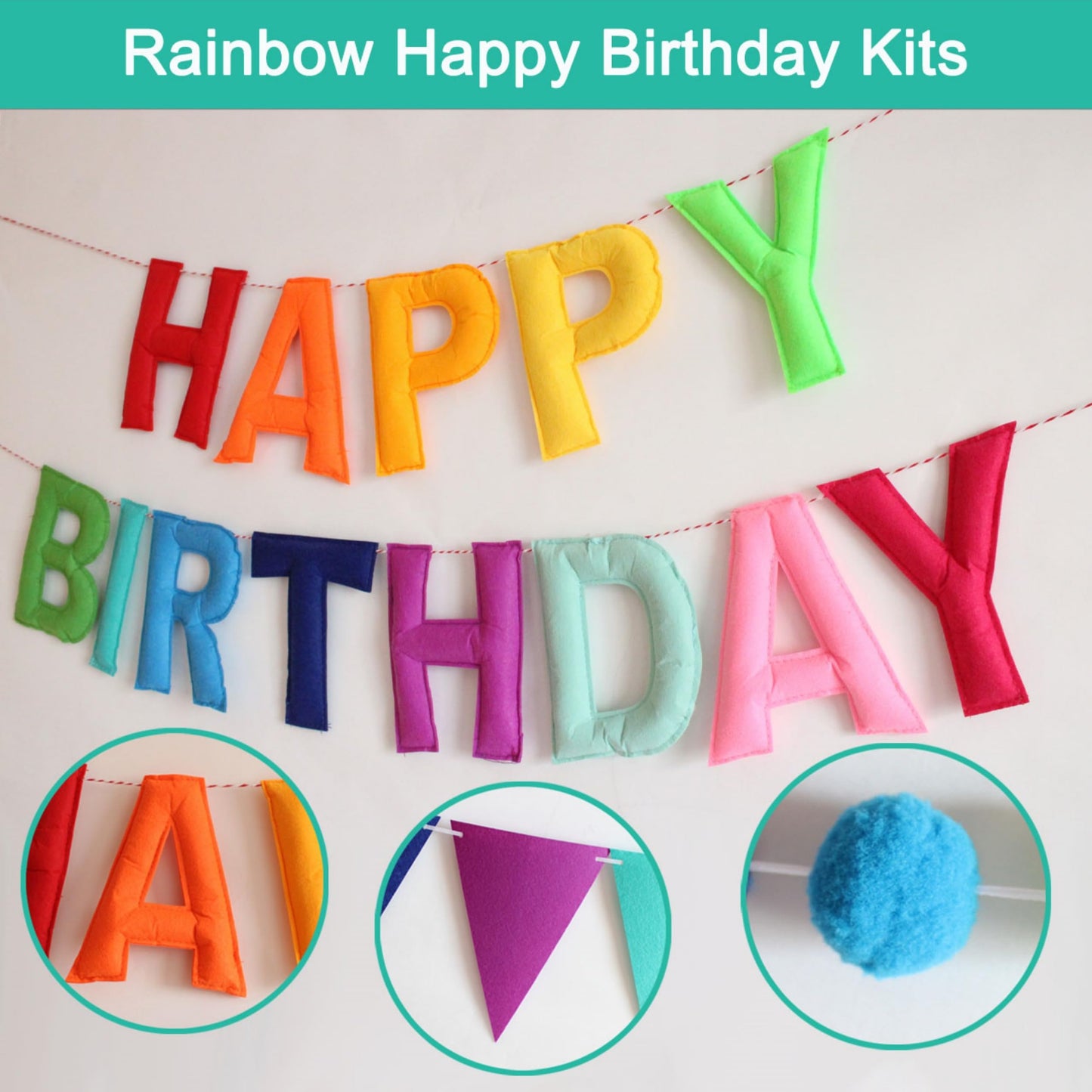 6.3 Inch Large Felt Happy Birthday Banner - Pre-Strung Rainbow Fabric Garland, Reusable Happy Birthday Sign for All Ages Party Decorations (Rainbow)