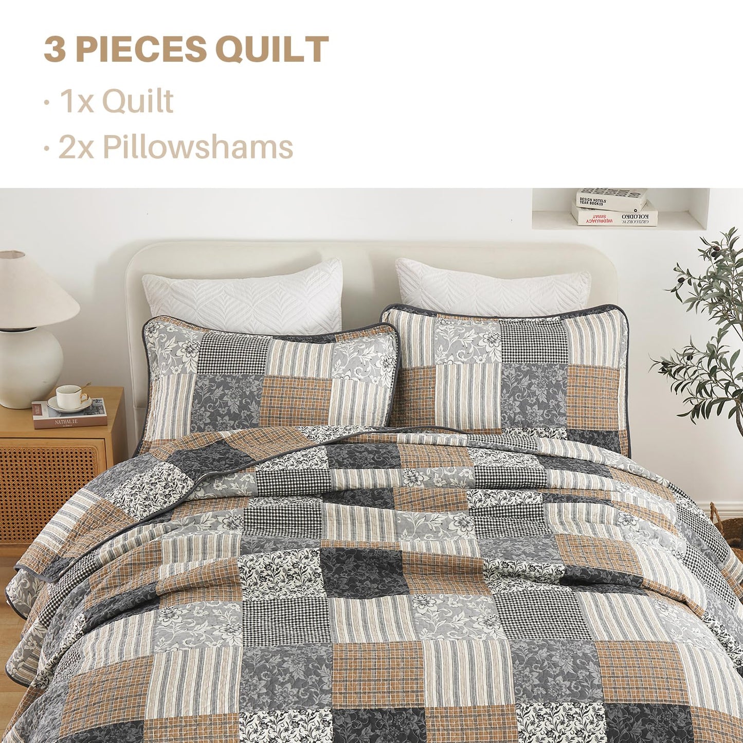 PANGUSHAN 100% Cotton King Quilt Bedding Set, Quilt King Size, Floral Patchwork Quilted Bedspread, Lightweight Comforter King Bed Spread for All Season, 3pcs, Brown/Gray