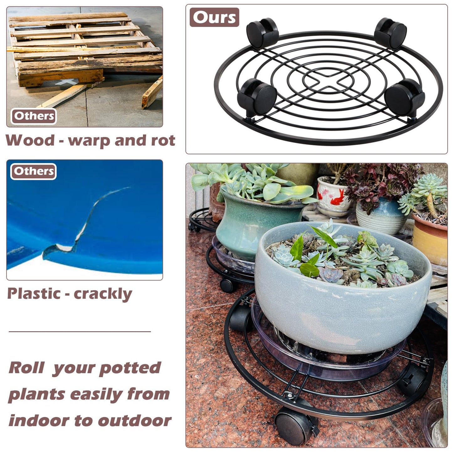 12" Metal Plant Caddy with Wheels 3 Packs Large Rolling Plant Stands Indoor Wheeled Plant Dolly Heavy-duty Planter Mover Roller Base Outdoor Plant Trolley Cart Water-proof, Plant Saucers on Wheels