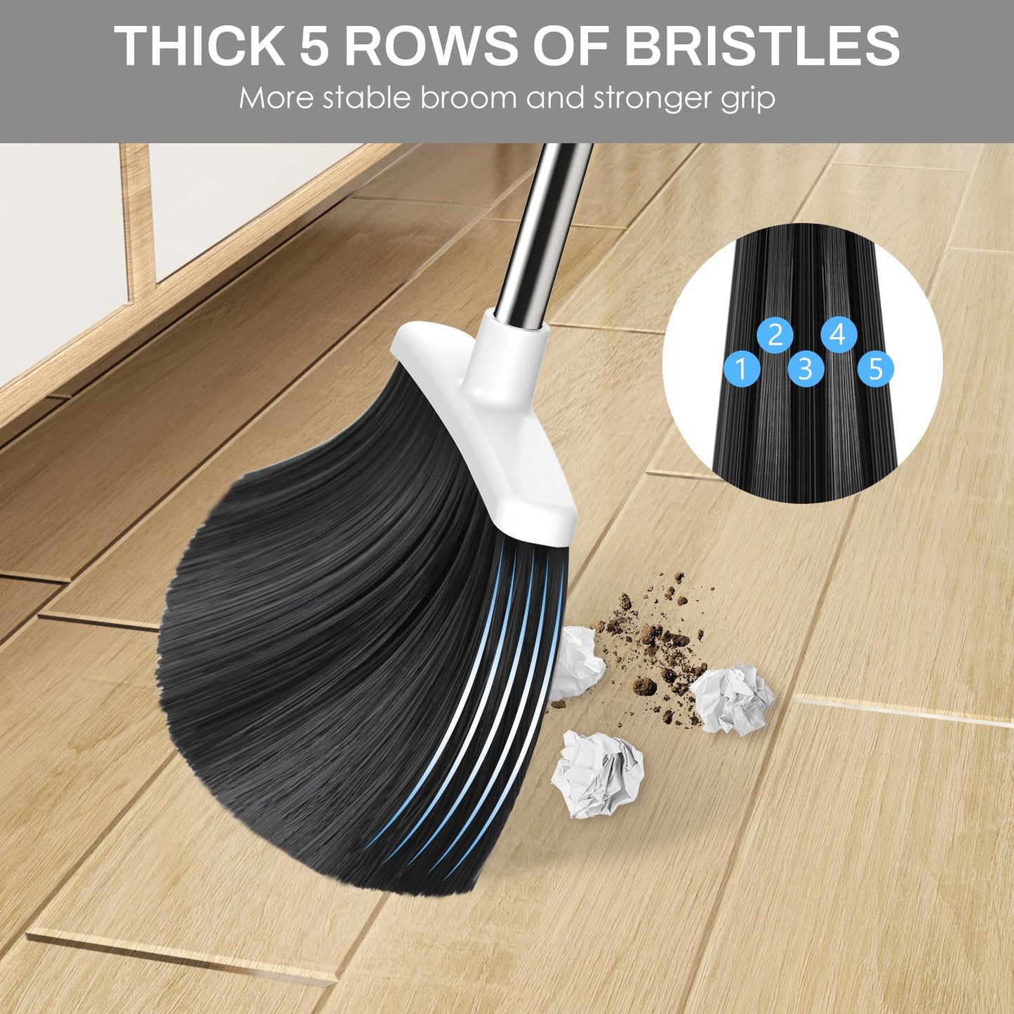 EZKEY Broom and Dustpan Set for Home, 51-in Long Adjustable Handle Angle Broom and Dustpan Combo Set with Dust Pan Teeth to Clean Hair for Home Kitchen Office Lobby Floor Garden (Black&White)