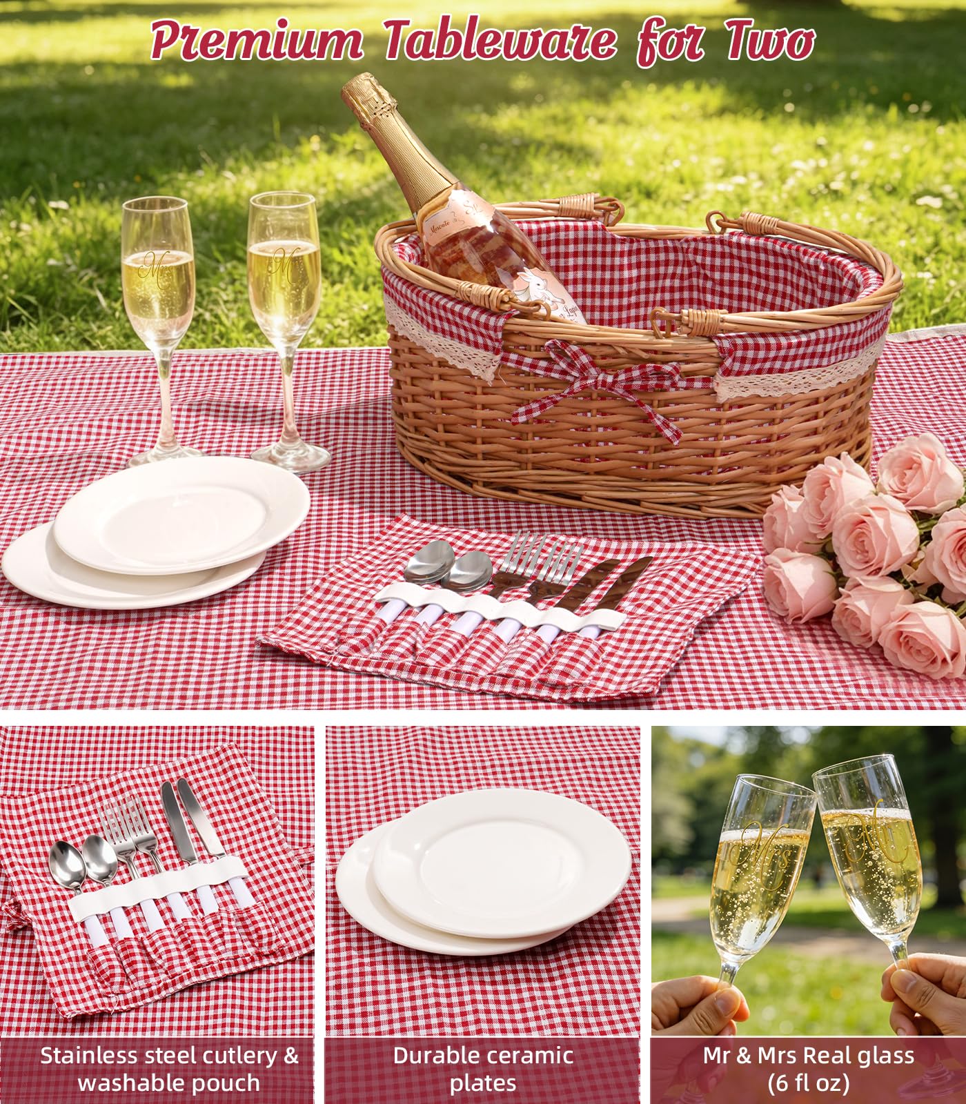 Wedding Gift Picnic Basket for 2 with Waterproof Blanket, Plates, Cutlery Mr and Mrs Glasses, Oval Wicker Hamper with Red Gingham Liner for Engagement, Bridal Shower and Anniversary Dates