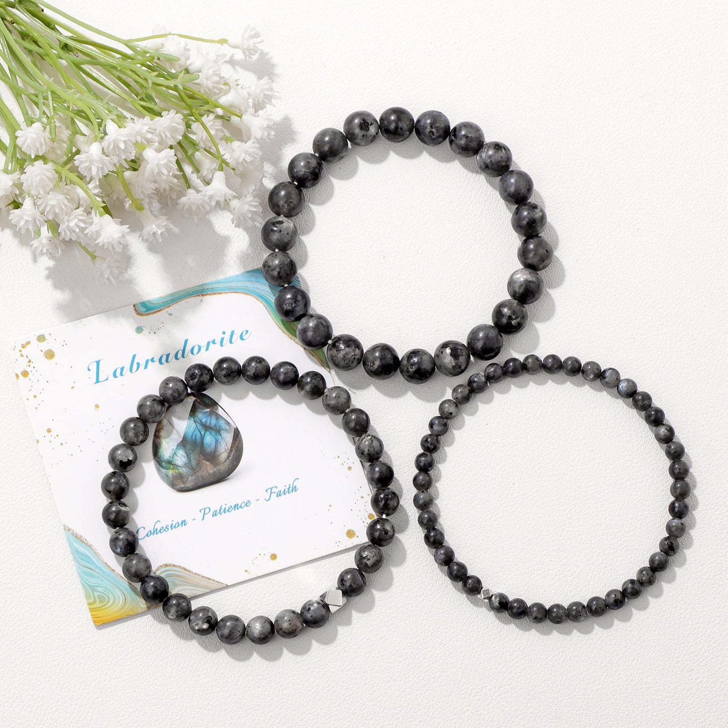 Raicegs 4MM Labradorite Beaded Bracelets Healing Crystal Bracelet for Women Men Natural Stone Handmade Stretch Bracelet Reiki Spiritual Jewelry