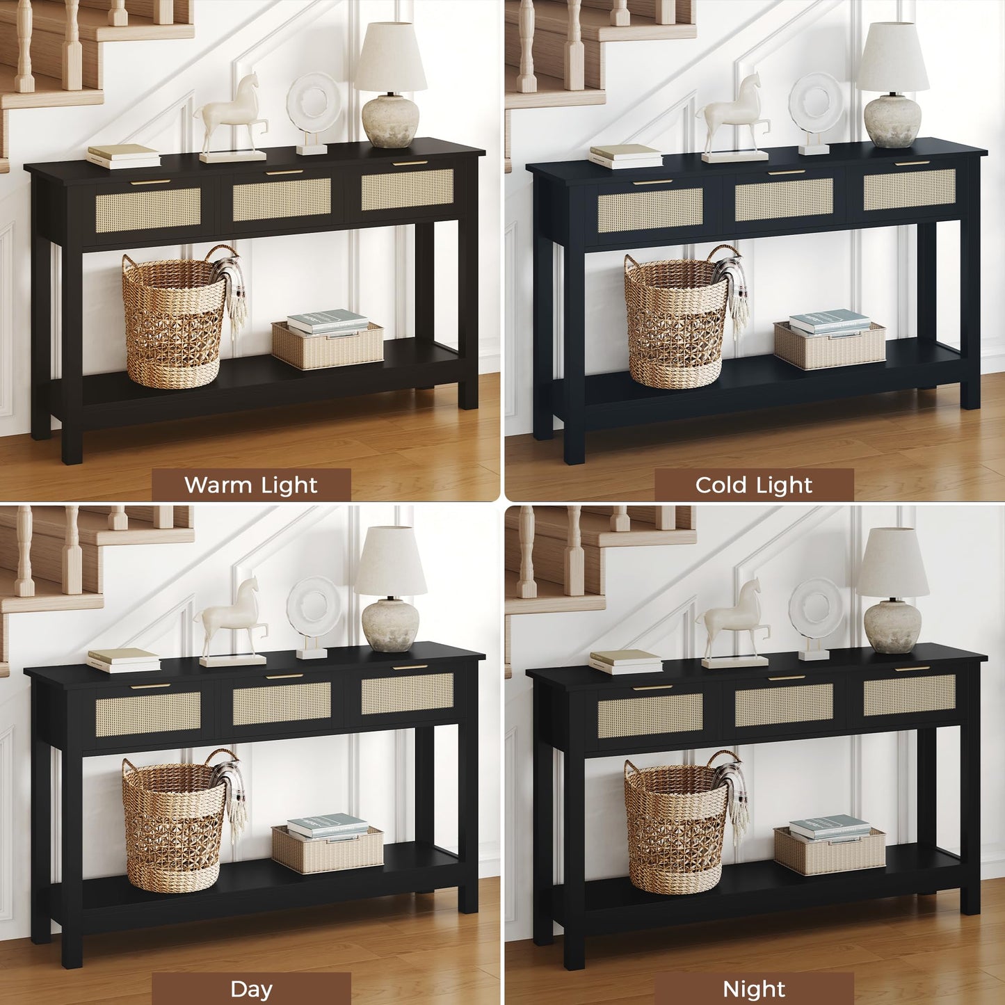 Luoxiao 47" Entryway Table with 3 Rattan Drawers, Narrow Console Table with Storage Shelf, Modern Black Slim Sofa Table for Living Room Hallway Foyer, Boho Entry Way Table, Anti-Tip, Easy Assembly