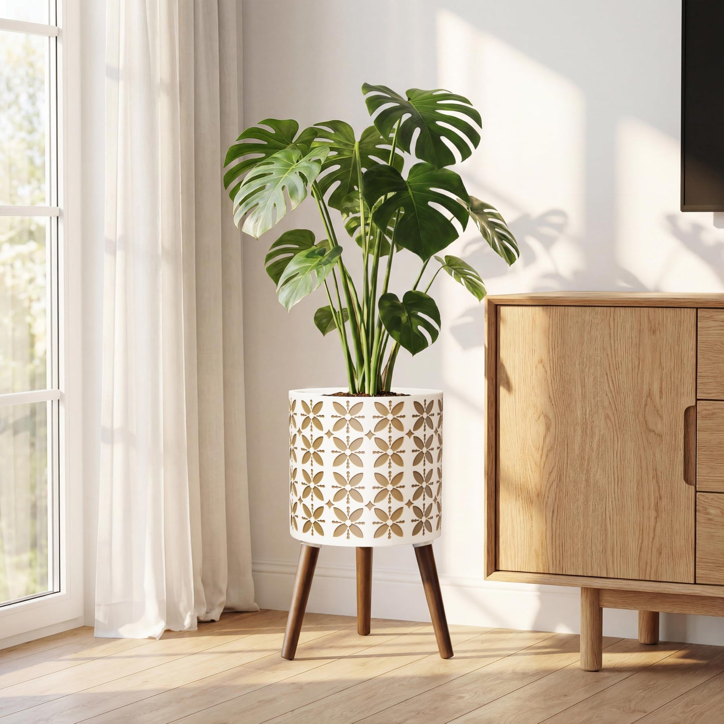 nacltlo12 Inch Planter with Stand, Plant Stand Indoor, Plant pots, Modern Mid-Century,Large Flower Planter Pot with Drainage Holes for Outdoor,White and xGold