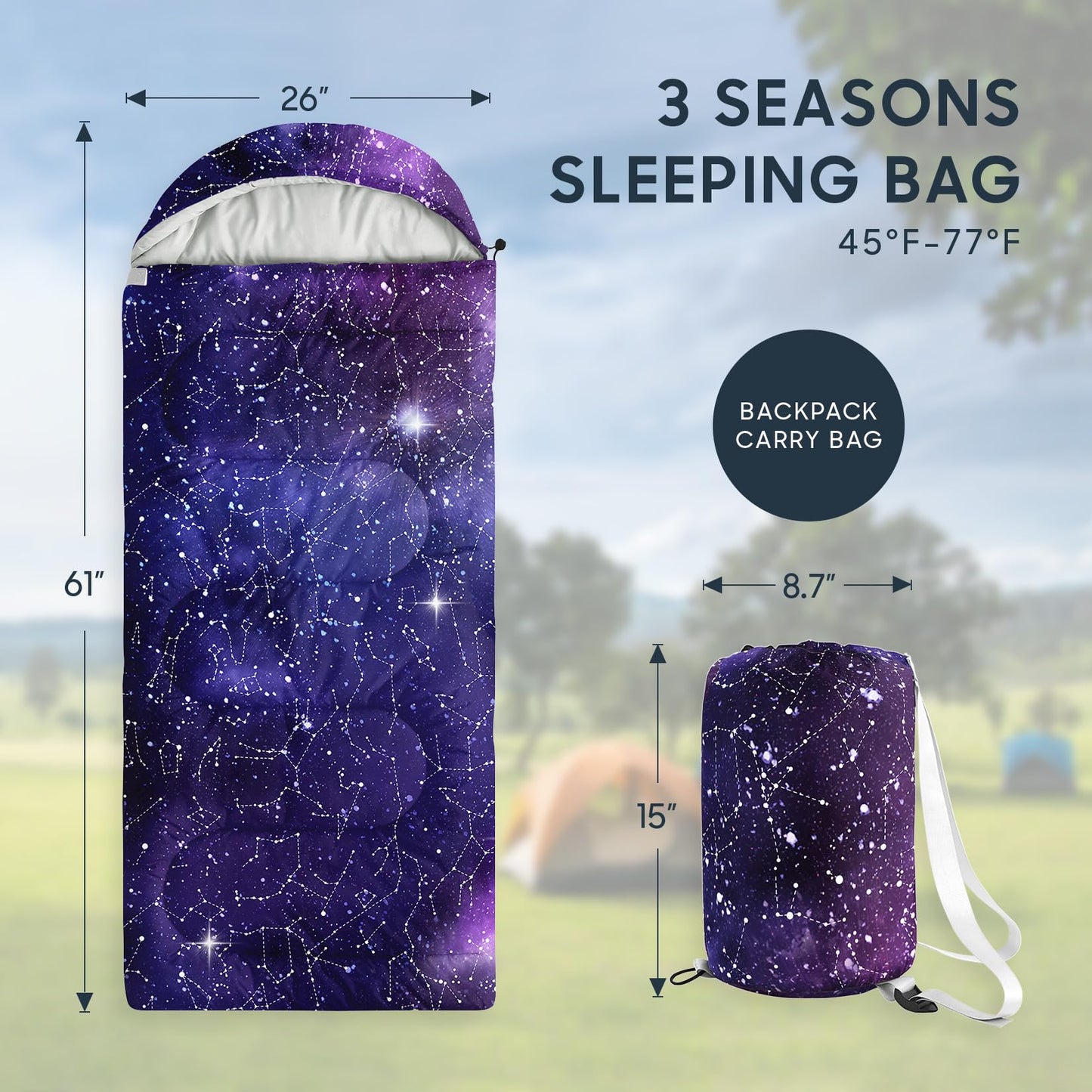Wake In Cloud - Kids Sleeping Bag for Boys Toddlers, Camping in Warm Cold Weather, Backpacking Lightweight Compact Outdoor Liner for 3 Seasons, Constellation Galaxy, Indigo Purple