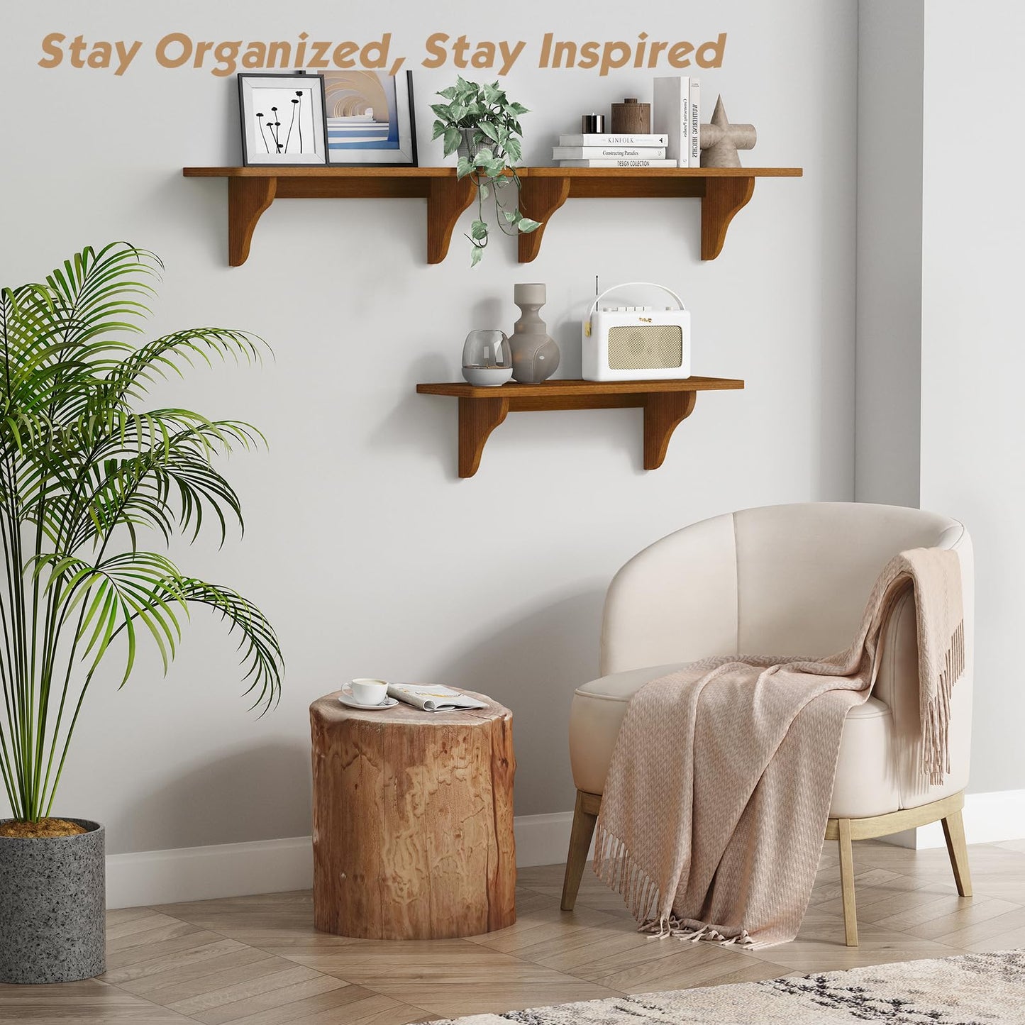 Forbena Wooden Floating Shelves for Wall Set of 3, 24 Inch Wall Shelf for Bedroom, Dark Wood Arched Hanging Wall Shelves for Bedroom, Living Room, Office, Nursery, Dining Room (Walnut Brown)