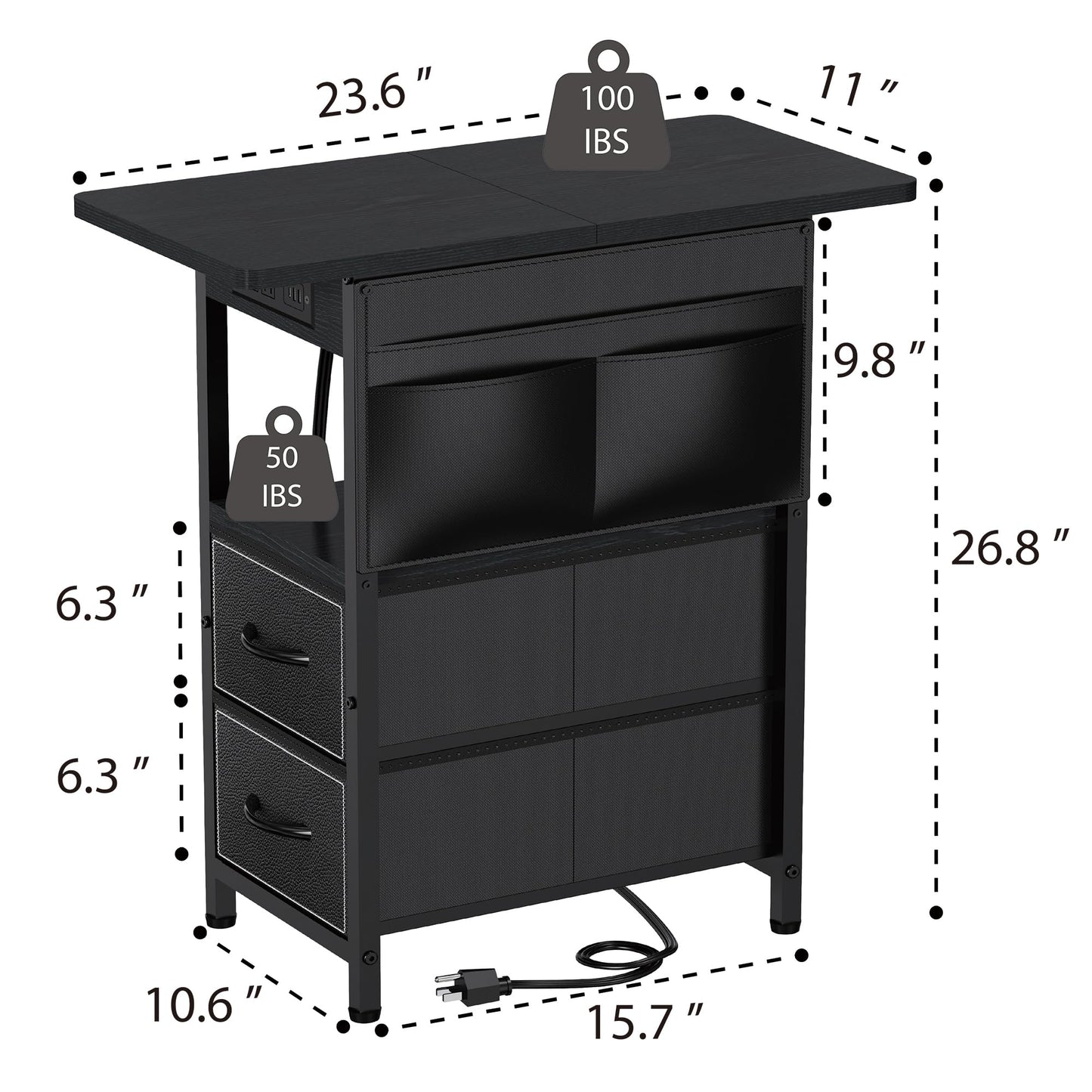 Yenlure Small Side Table with Charging Station, Narrow Nightstand Bedside Tables with Storage Pocket for Living Room Bedroom, Sofa End Table with USB Ports and Power Outlets for Small Spaces