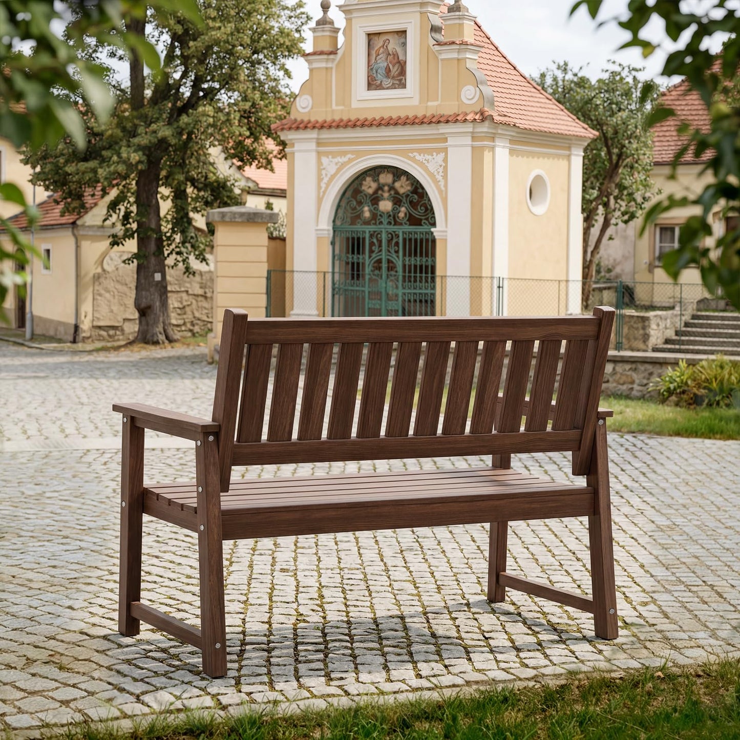 ACUEL Outdoor Bench, 2-Person Garden Bench, Poly Lumber Patio Bench for Outdoors, Porch, and Park (Brown)
