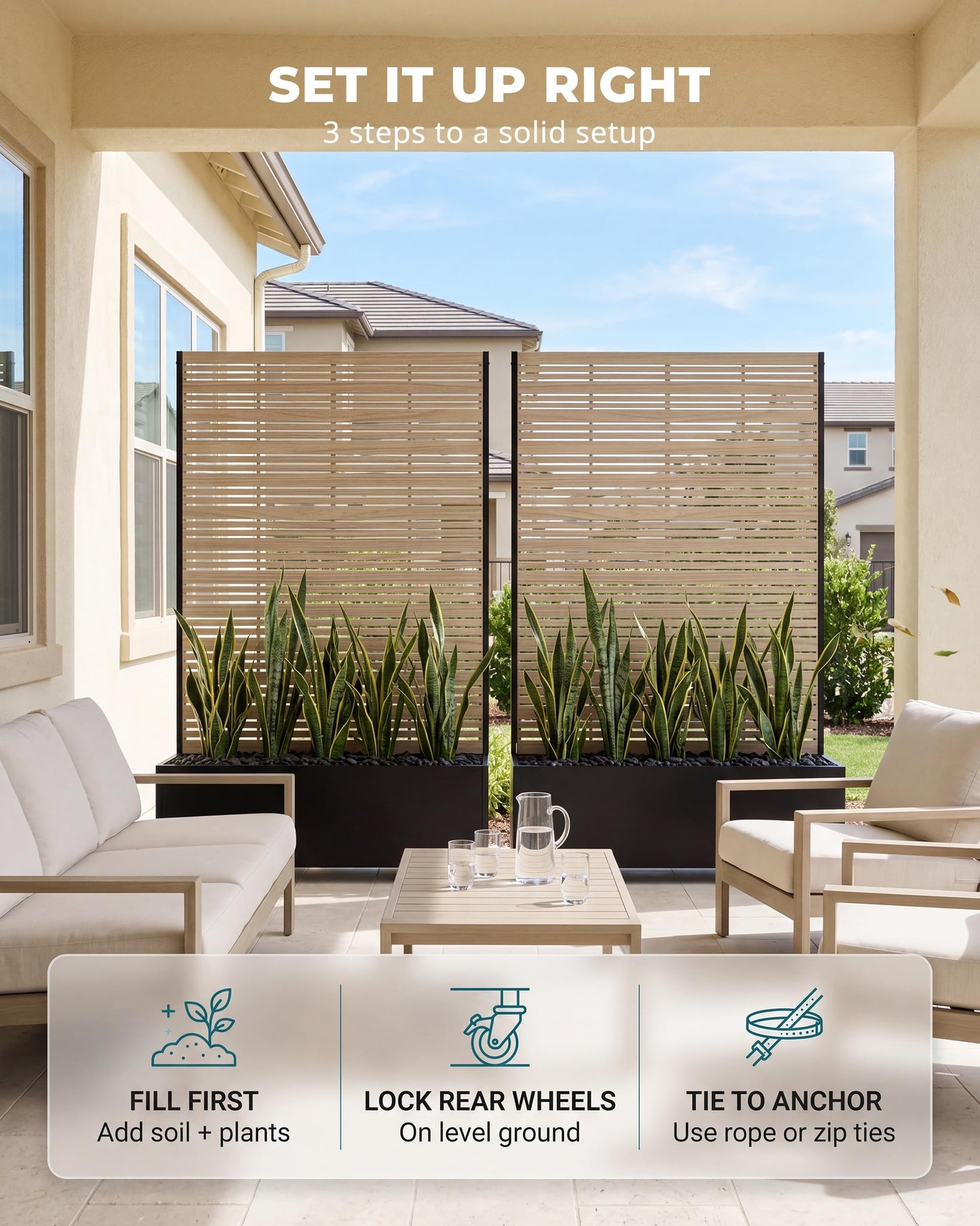 TinFrey 73" Metal Planter Box with Trellis on Wheels - Mobile Outdoor Planter with Drainage Holes & Louvered Privacy Screen, Rust-Proof Wood Grain for Patio, Balcony, Backyard, Poolside
