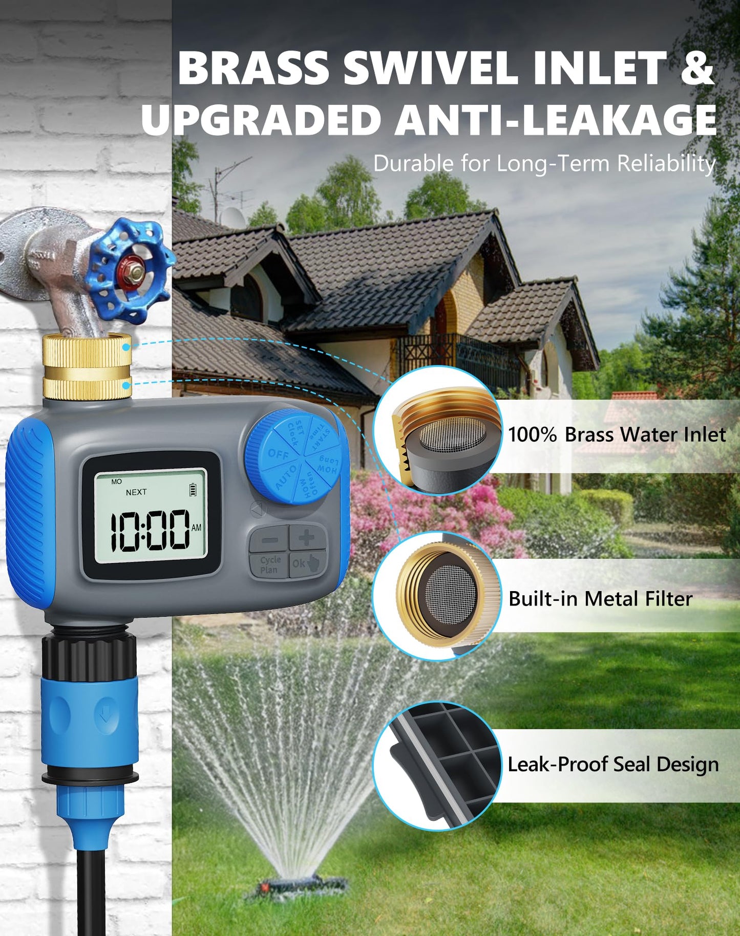 Grillum Sprinkler Timer with Brass Swivel, Hose Timers for Watering, Water Timer for Garden Hose, Digital Irrigation with Rain Delay & Manual Mode, Automatic Watering System for Outdoor Garden Lawn