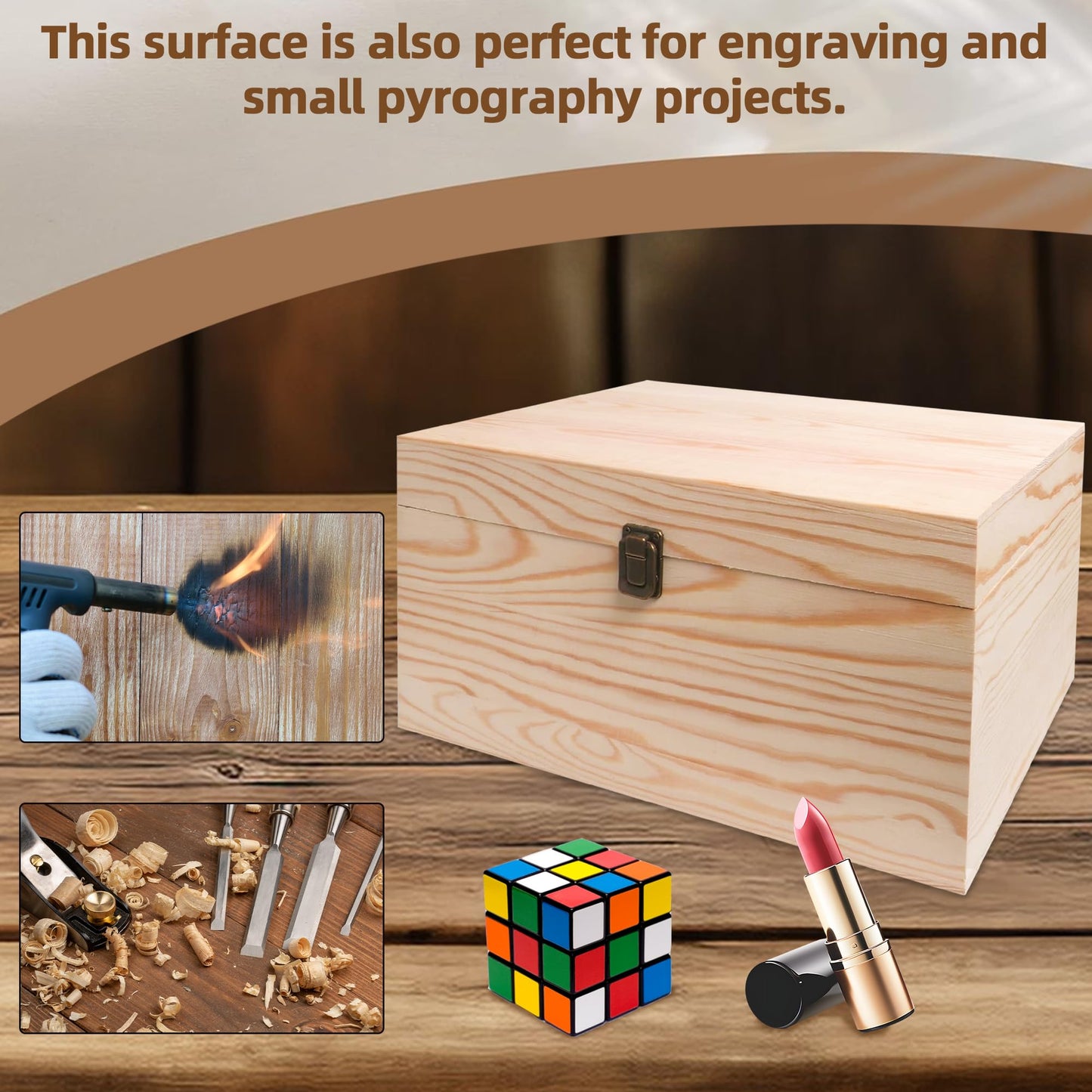 VIKOS Products 13.8x9.9x6.7-Inch/ 3.33-Gal. X-Large Unfinished Wooden Box for DIY Crafts & Storage with Hinges & Retro Front Clasps - Natural Pine - Smooth Paintable Surface