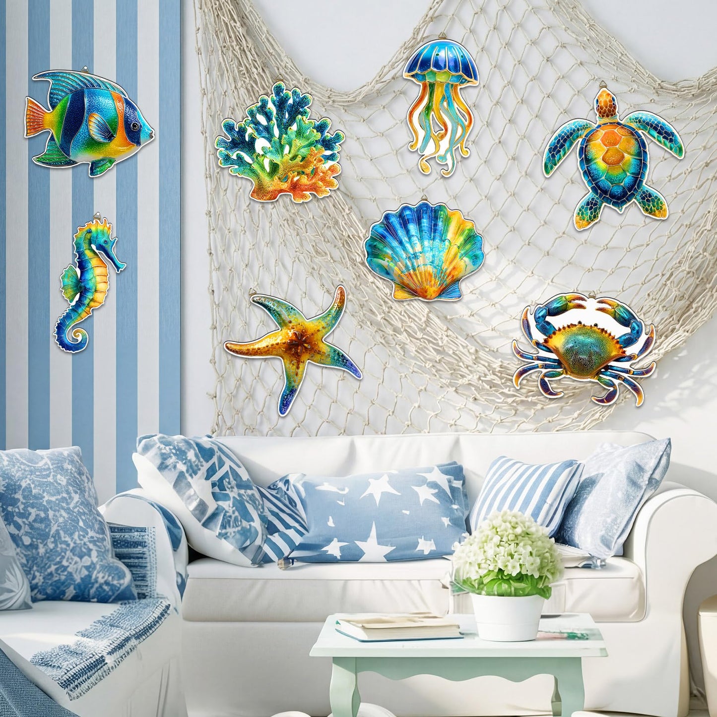 AceOrbit 8 Pcs Large Wooden Coastal Ocean Wall Art Rustic Ocean Theme Wall Decor Wooden Fish Turtle Crab Seahorse Starfish Jellyfish Seashells Coral Decoration with Hooks for Sea Beach Nautical Party