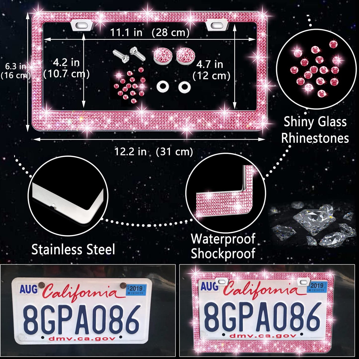 NBTEPEM 27-Piece Bling Car Accessories Set - Universal Fit Steering Wheel Covers, License Plate Frames, Phone Holder, Car Fast Charger, Coasters (Pink)