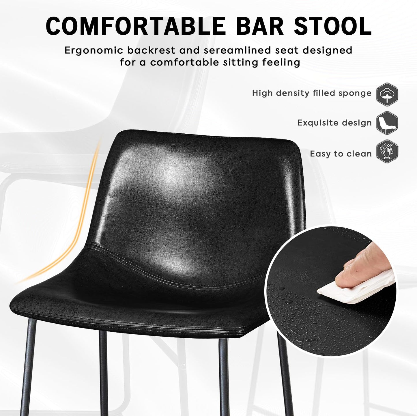 LEMBERI 26 inch Bar Stools Set of 2, Modern Counter Height Bar Stools, Faux Leather Barstool with Back and Metal Leg, Armless Bar Chairs for Kitchen Island (Black, 2pcs 26")
