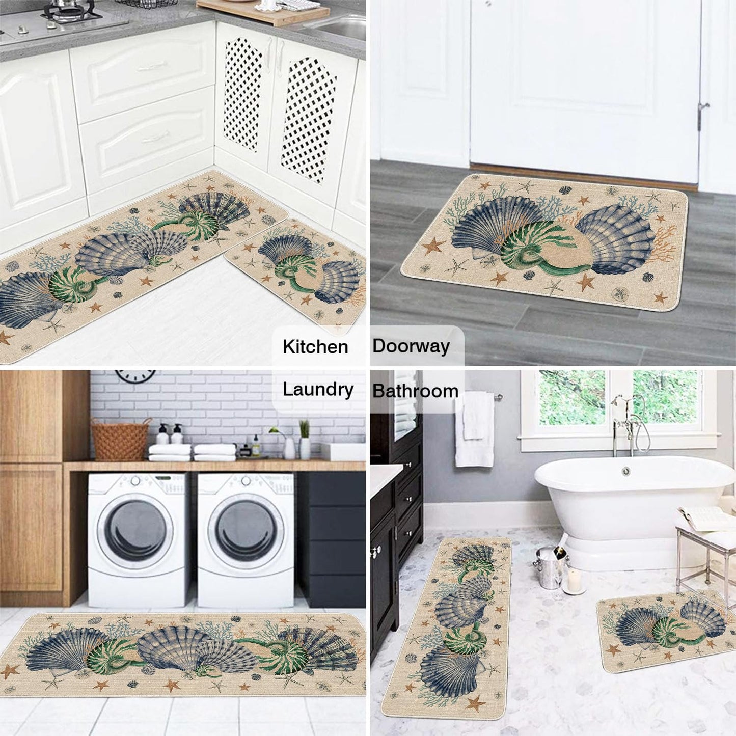 Faptoena Shells Coral Whelks Starfish Kitchen Rugs Set of 2,Ocean Theme Kitchen Mats for Floor,Summer Beach Sink Mats Home Decor Doormat+Runner Rug