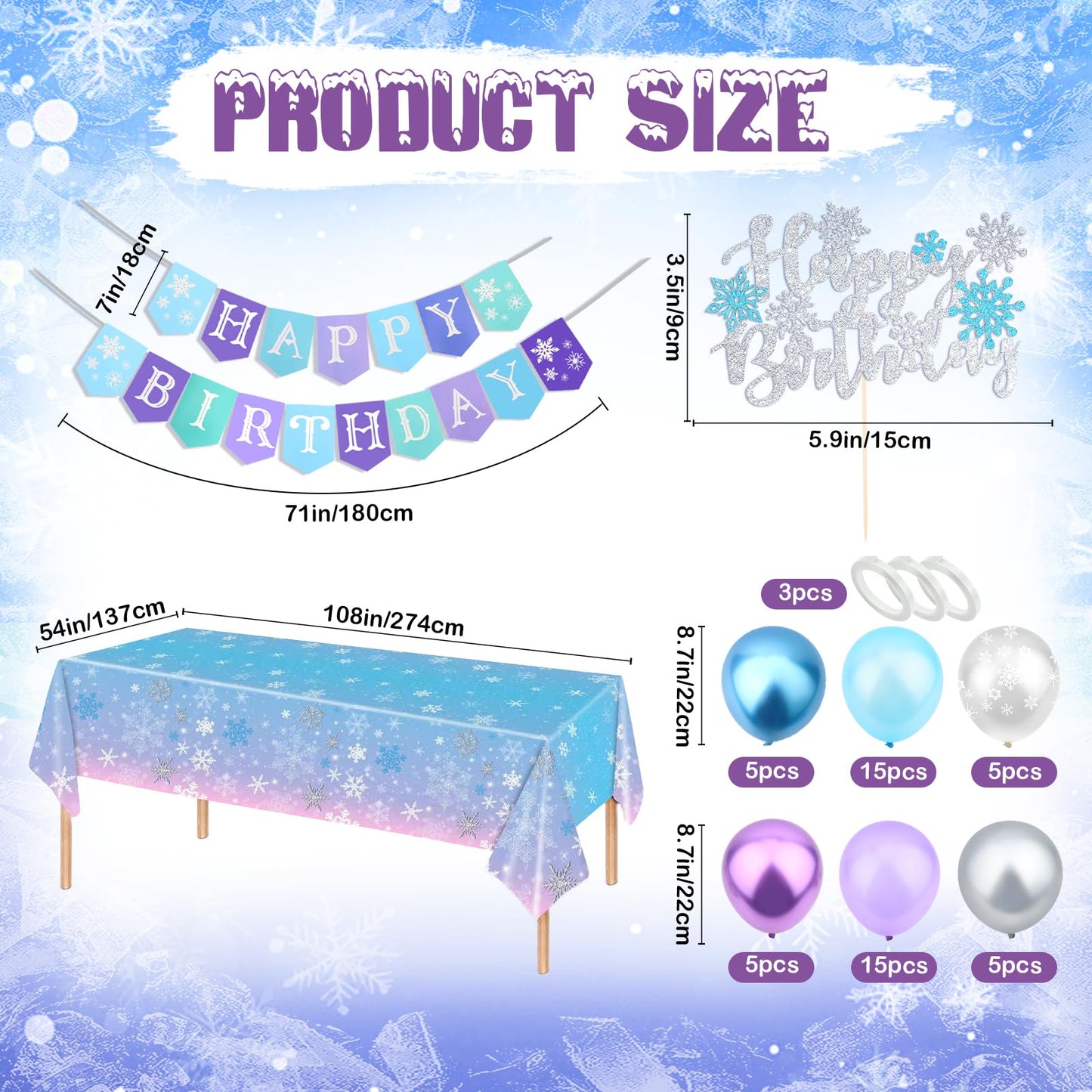 Jaciya Frozen Birthday Party Decorations Kit - Snowflake Balloons, Tablecloth, Backdrop, Cake Toppers & Happy Birthday Banner