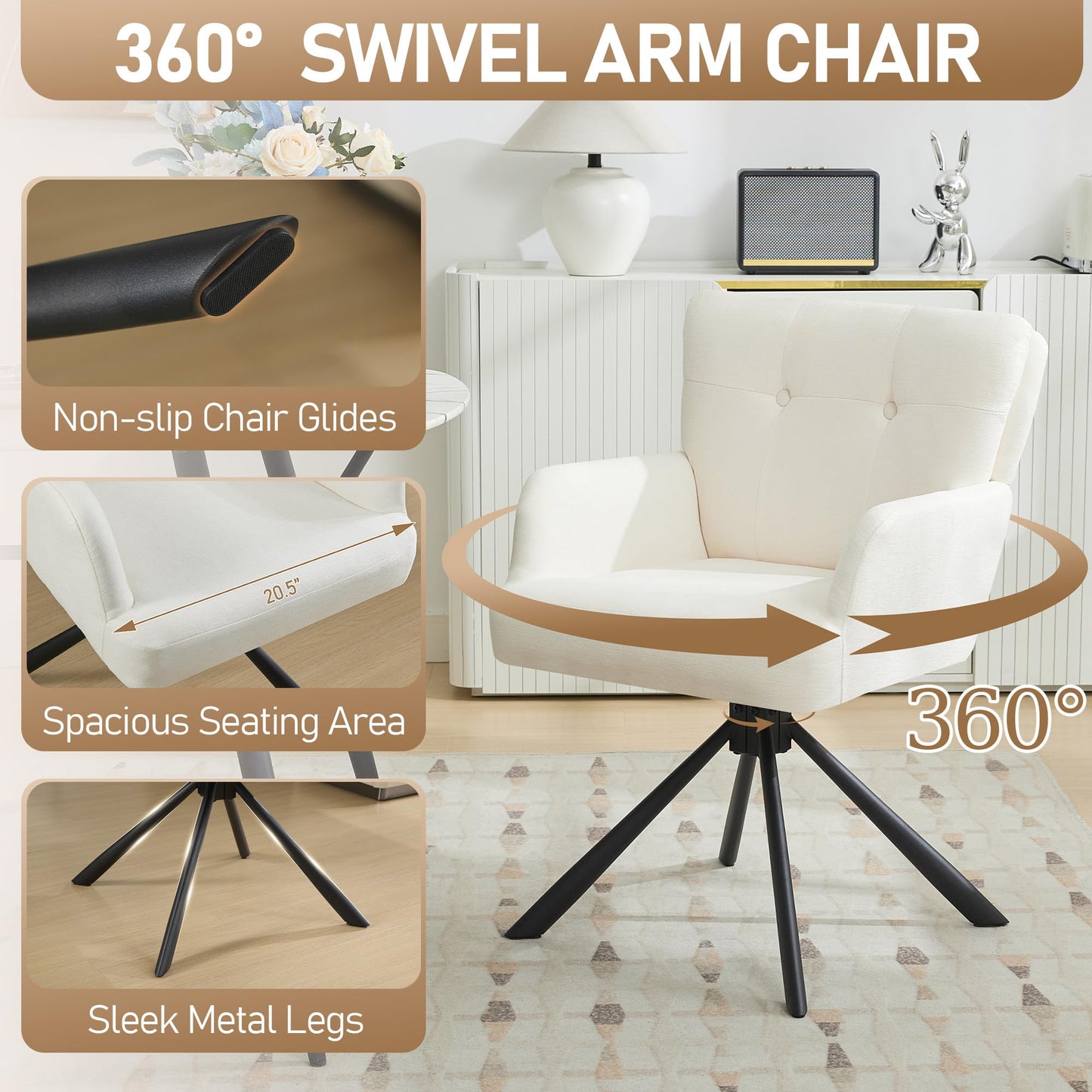 WUTUTUEE Fabric Dining Chair Modern Upholstered Swivel Dining Room Chairs Comfy Accent Armchair with Mid Back, Desk Arm Chair No Wheels for Kitchen/Living Room/Home Office, White