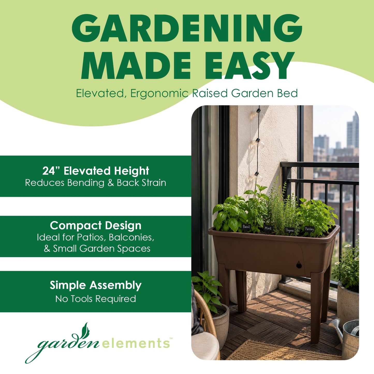 Garden Elements Brown Elevated Raised Garden Bed, 29.5" x 15" - Self-Watering Planter Box with Ventilated Grow Dome for Indoor/Outdoor Vegetables, Herbs & Seed Starting
