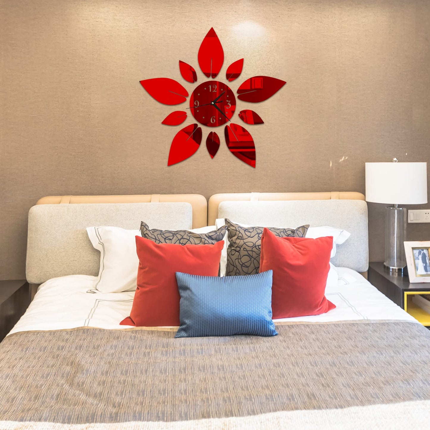 haodeni Modern Flowers Digital 3D Large Wall Clock Mirror Stickers Self-Adhesive Acrylic Crystal Mirror Decals DIY Silent Petal Combo Art Wall Clocks Decoration for Home Apartment Office (Red)
