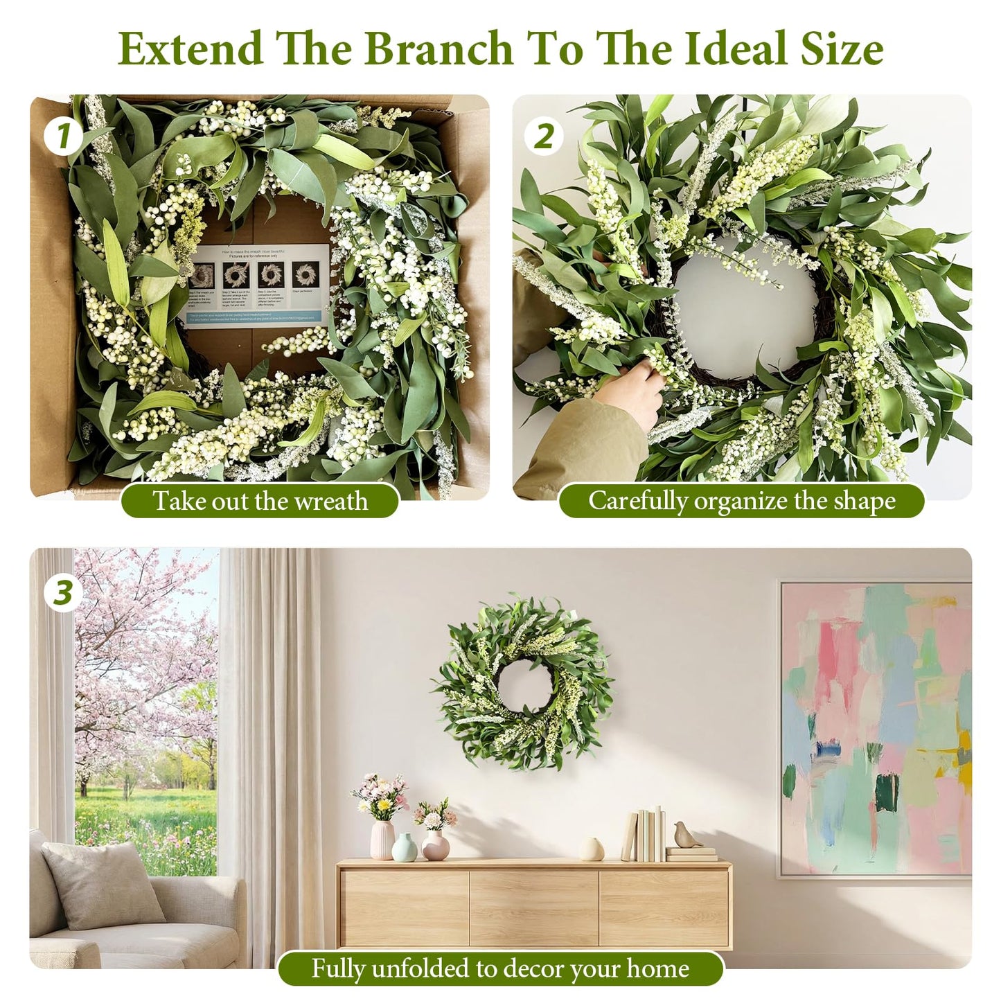 Greenery Spring Wreath for Front Door, 26 Inch Large Wreath with Artificial Eucalyptus Leaves and Cream Ear of Grain, All Season Spring Wreath for Wedding Rustic Modern Farmhouse Home Decor