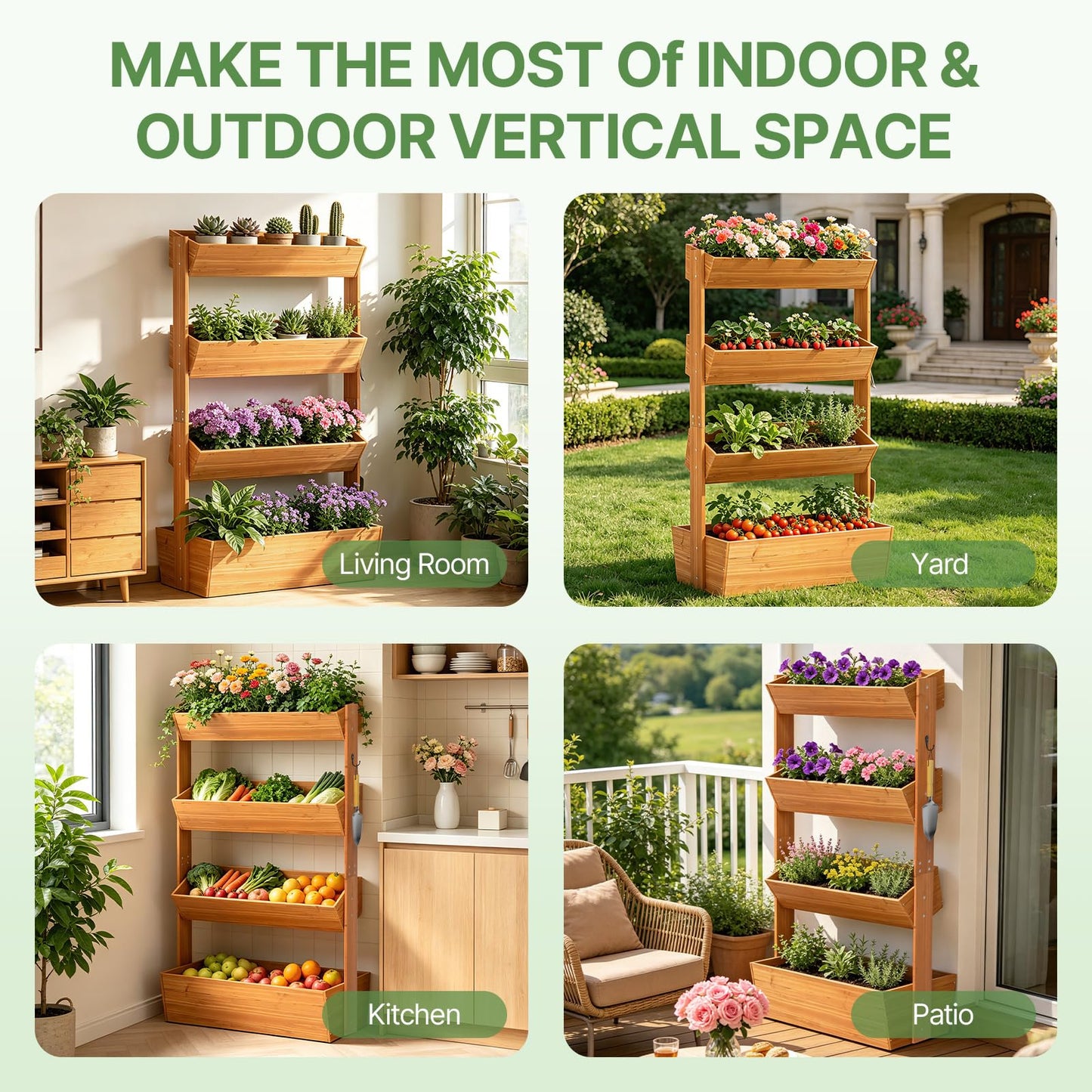 Suteck Raised Garden Bed, Vertical Wooden Raised Garden Bed, 4 Tier Garden Planters Freestanding Plant Stand Flower Rack Wooden Planter Box For Plants Flowers Herbs Vegetables Indoor Outdoor Gardening