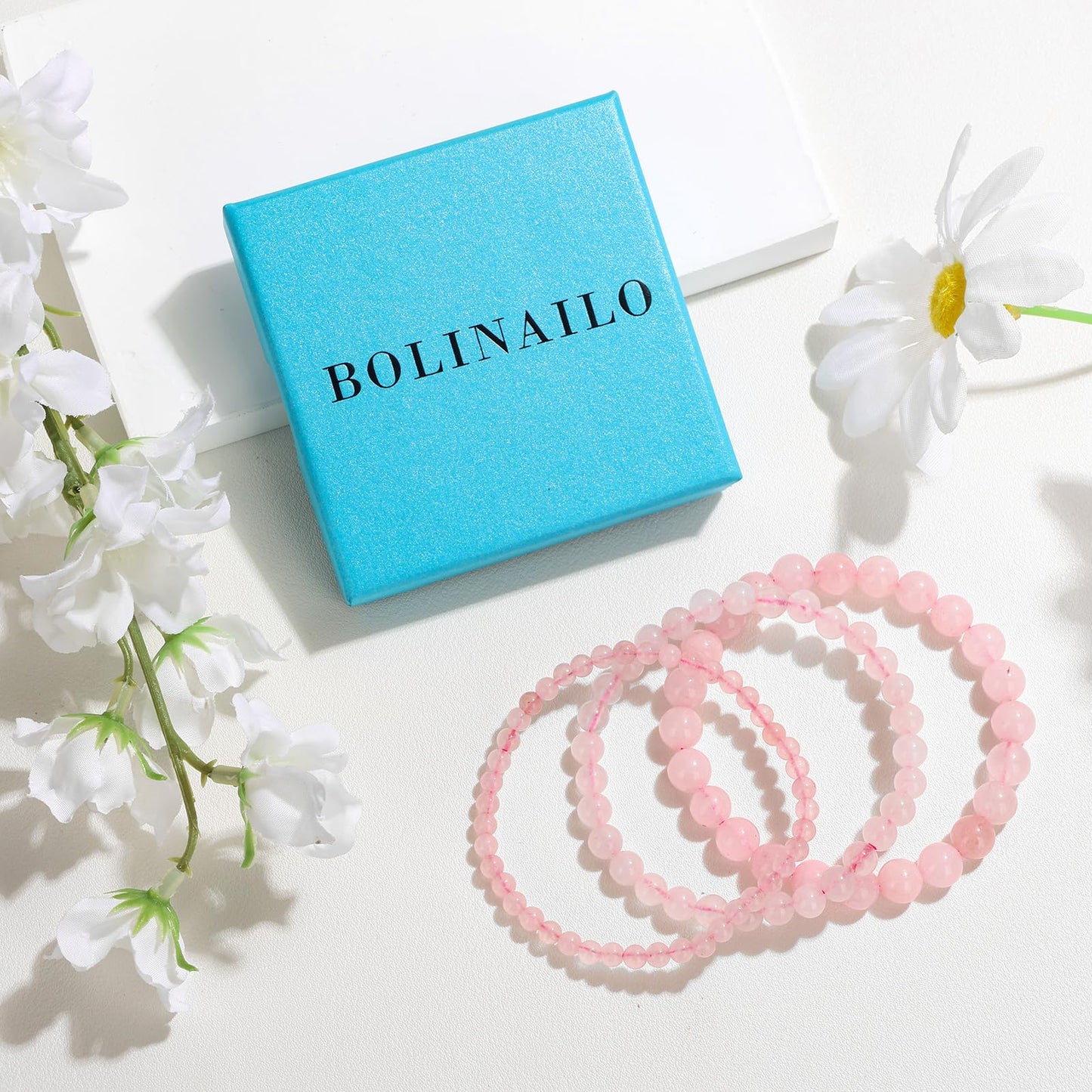 Bolinailo 3Pcs Natural Healing Crystal Bracelets for Women Men, 4mm 6mm 8mm Beaded Stretch Bracelet Set, Rose Quartz Natural Stone Gemstone Jewelry Gifts for Meditation, Reiki & Yoga