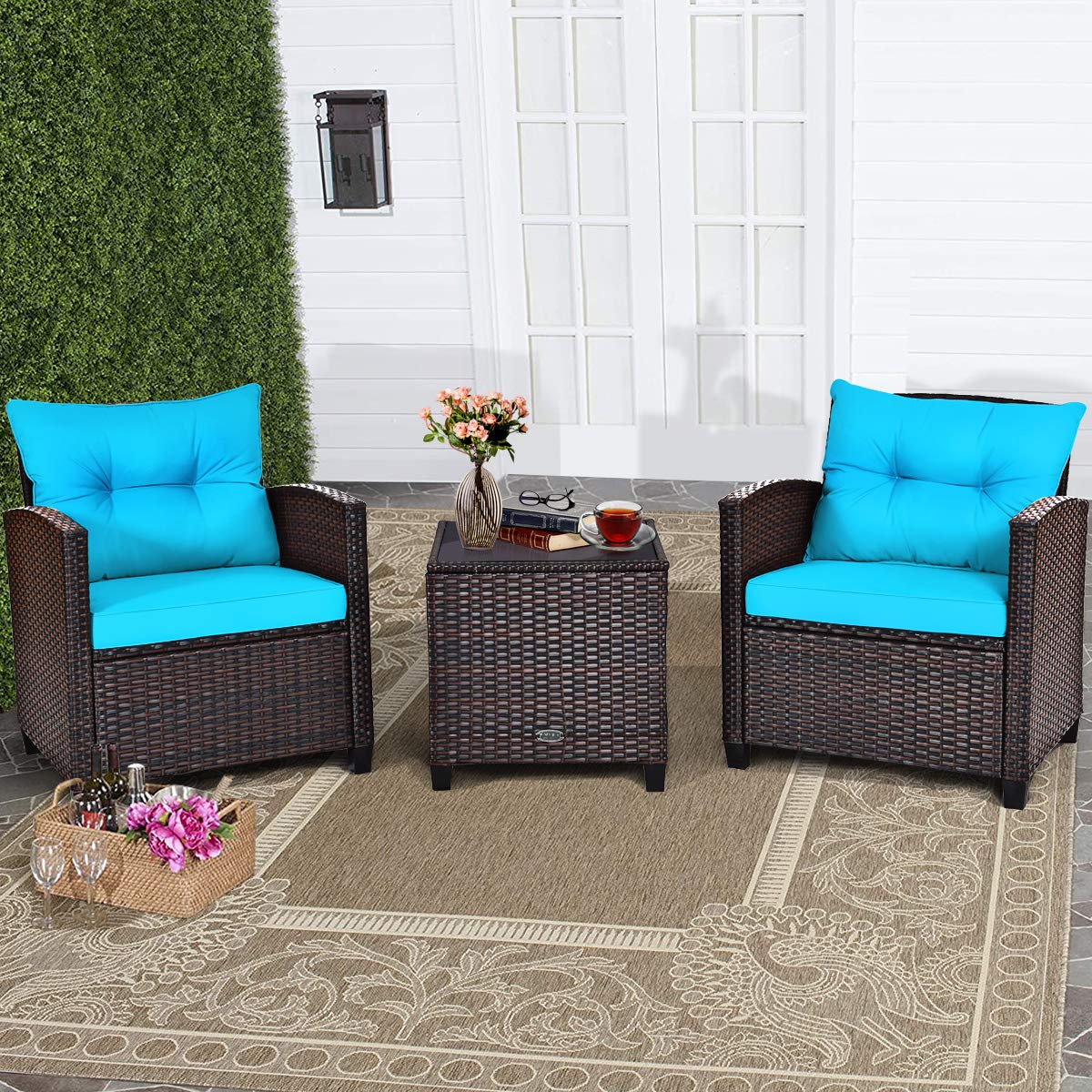 COSTWAY 3PCS Patio Furniture Set, PE Rattan Wicker Sofa w/Washable Cushion and Coffee Table, Tempered Glass Tabletop, Outdoor Conversation Set for Balcony, Porch, Yard, Backyard, Lawn, Turquoise