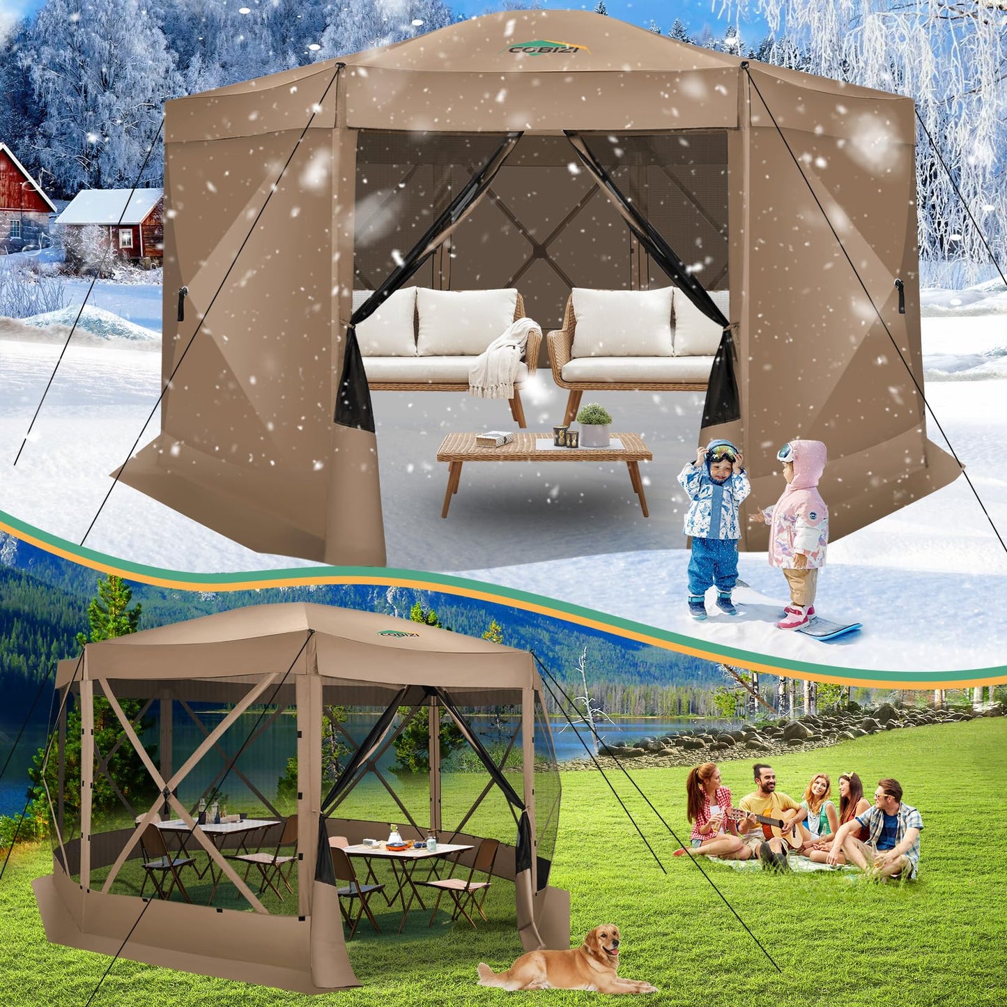 COBIZI 15x15FT Pop Up Gazebo Screen Tent Screen House for Camping, Screen Room with Mosquito Netting, Hub Tent Instant Screened Canopy with Carrying Bag and Ground Stakes, Khaki