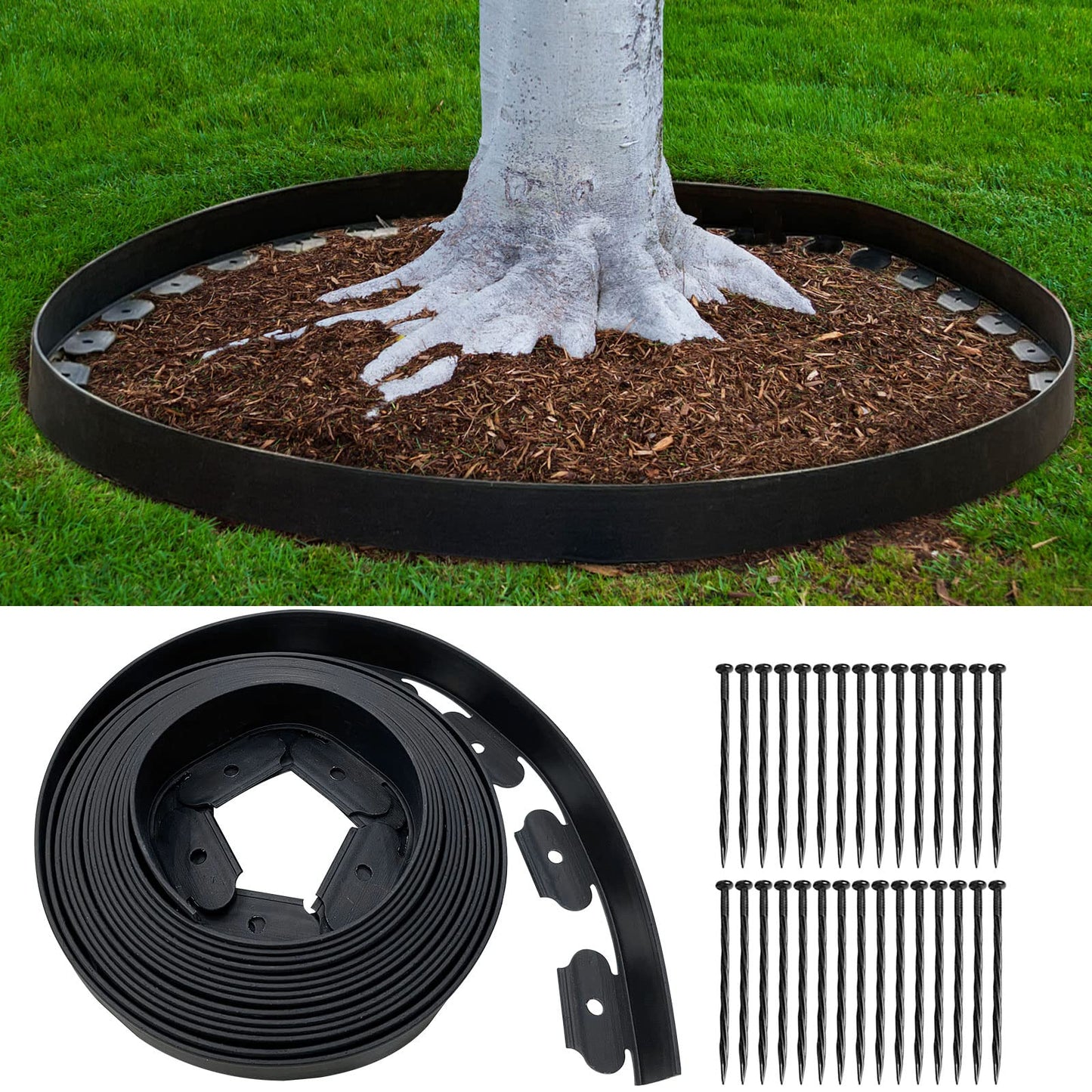 Landscape Edging 33FT, 4IN Tall Garden Edging Border with 50pcs Spikes, Plastic Lawn Edging Kit, Tool-Free Flexible Borders Edging for Garden Flower Beds Tree Surrounds Yard Pathway, Black